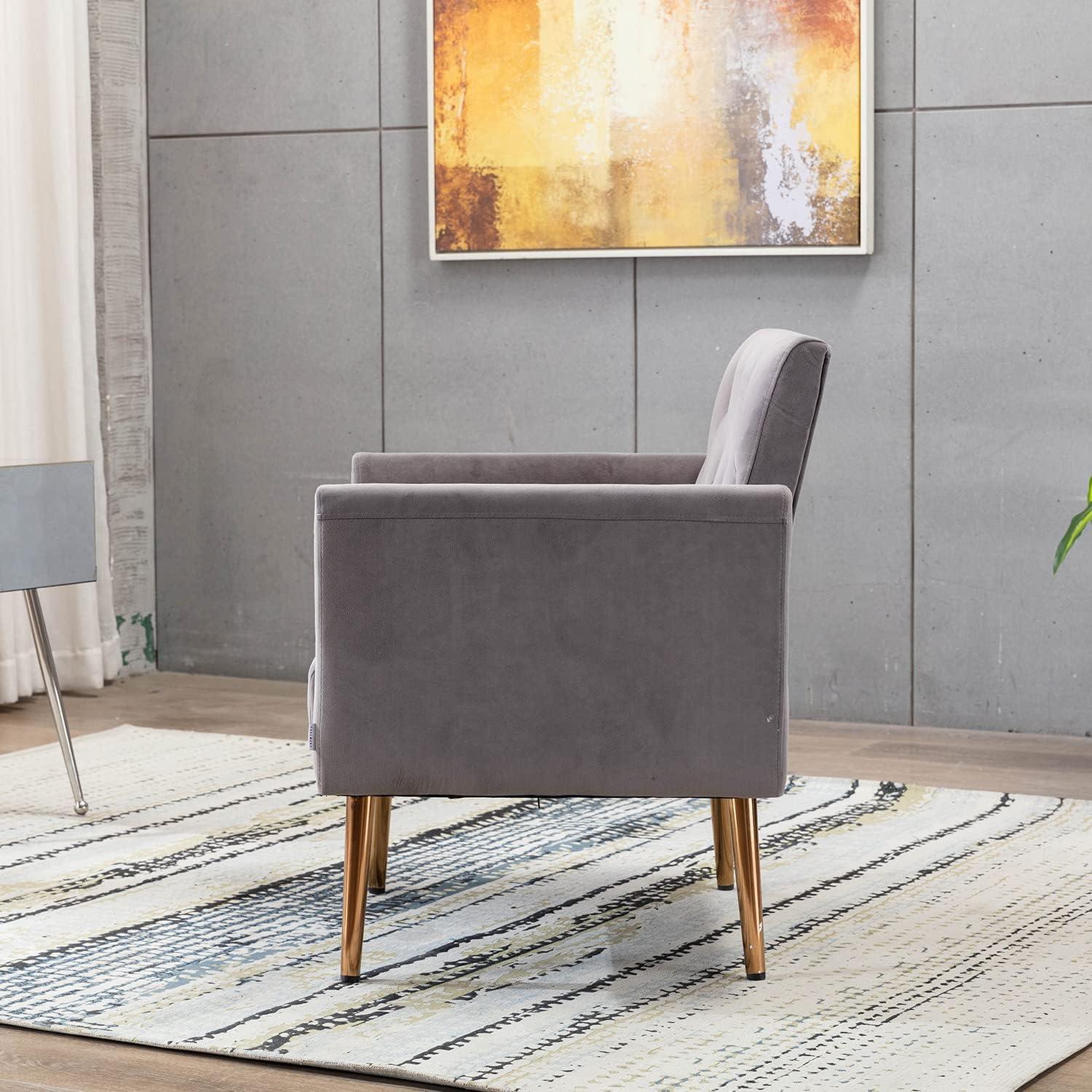 Gray Velvet Tufted Accent Chair with Gold Metal Legs