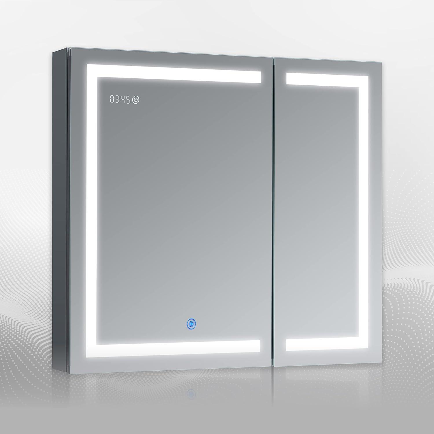 DECADOM LED Mirror Medicine Cabinet Recessed or Surface, Dimmer, Clock, Room Temp Display, Dual Outlets (Duna 36x32)