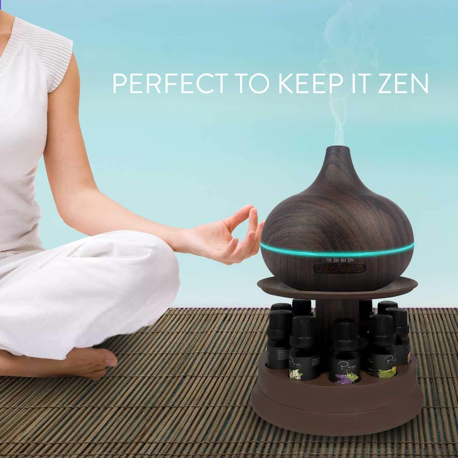 Pure Daily Care Aromatherapy Diffuser Set with Rotating Stand - 300 ml, 10 Essential Oils (Dark Brown)