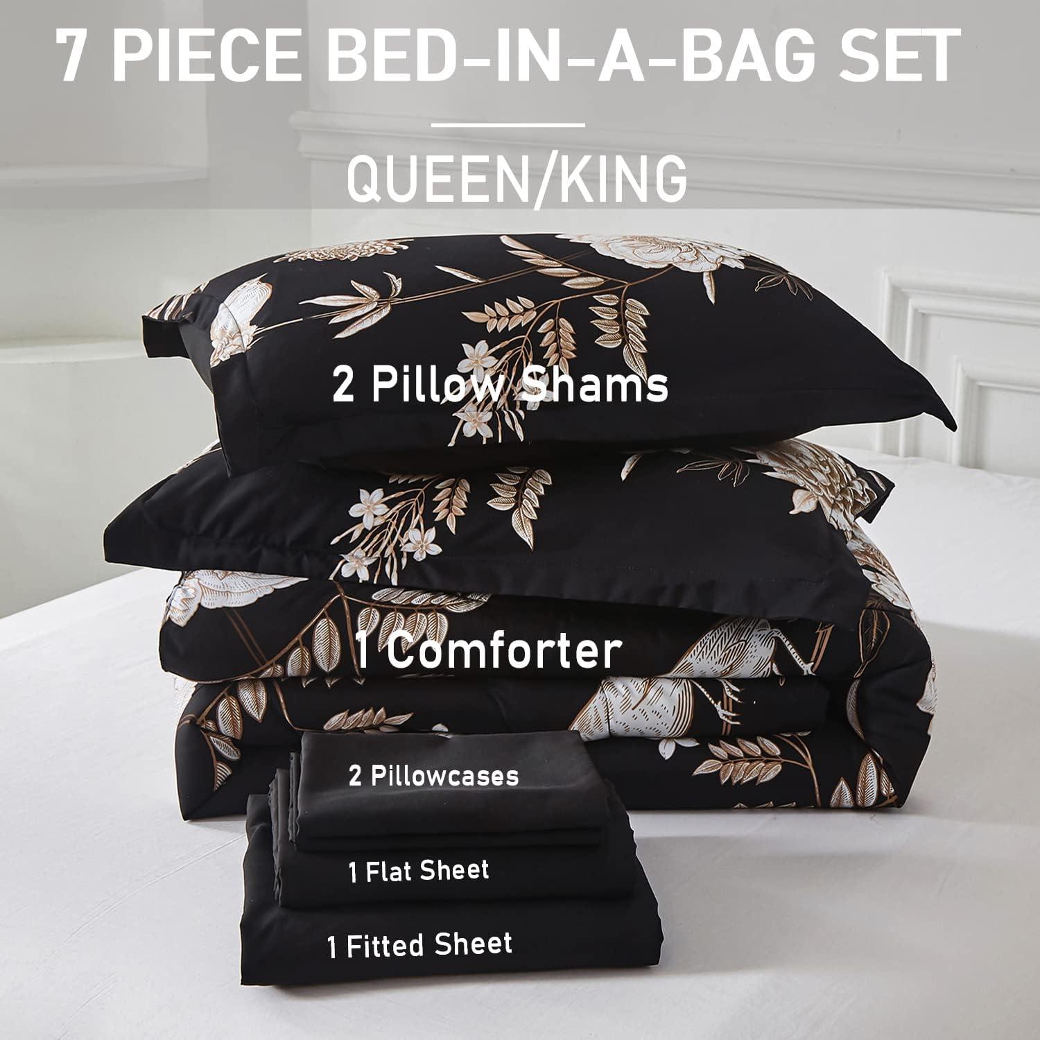 DANTUL 7 Piece Bed In A Bag Queen Comforter Set Botanical Floral Bedding Set,White Flowers Leaves Printed On Black Reversible Design,Soft Microfiber Comforter With Sheet Set,All Season
