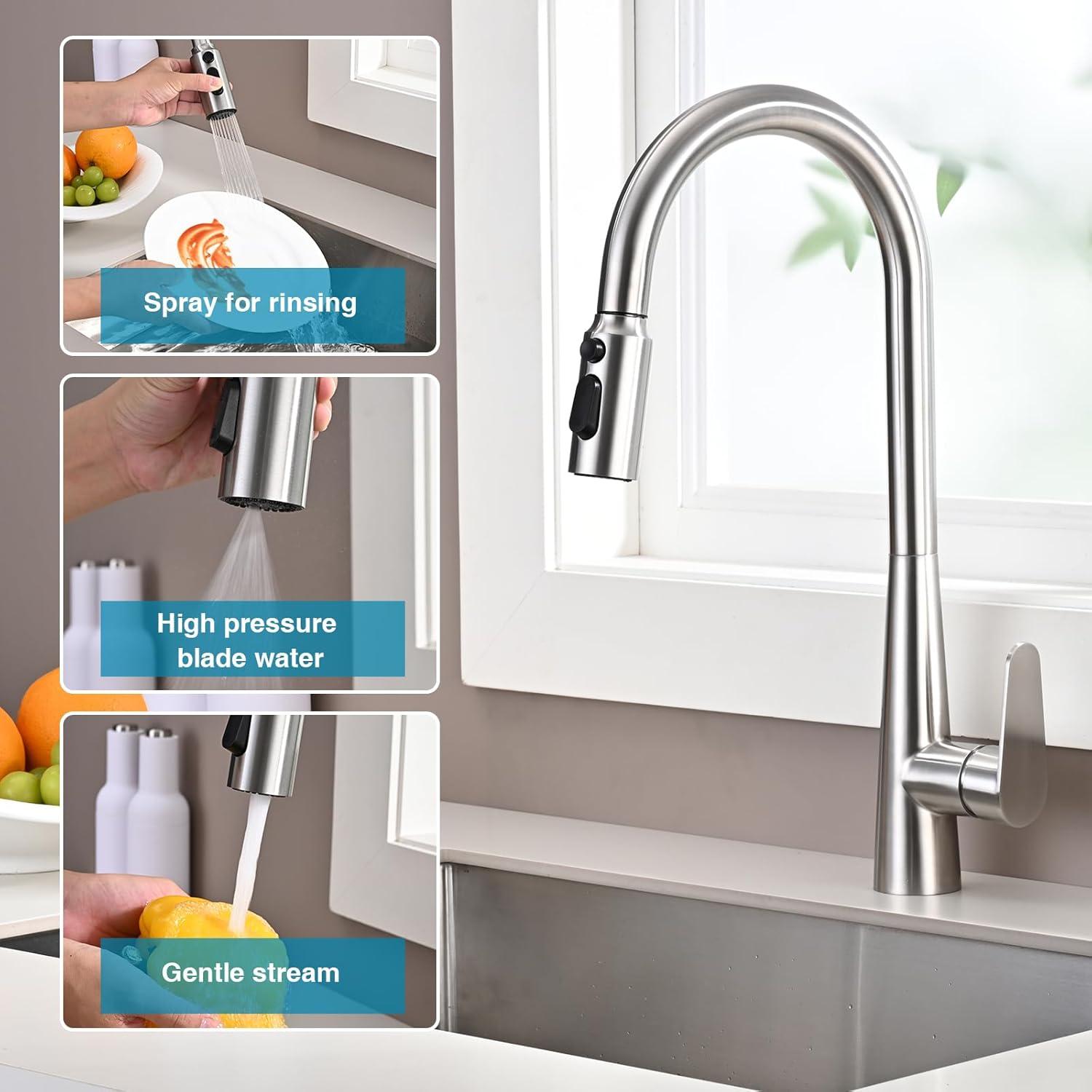 3 Functions Kitchen Faucet Spray Head Replacement with 9 Adapter Kits in Brushed Nickel