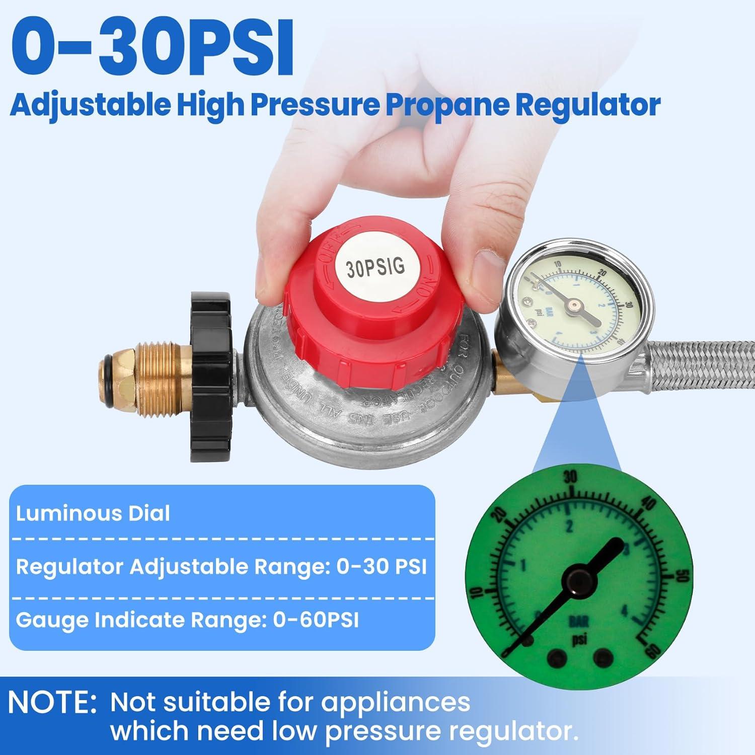 Gaspro 12ft 0-30 PSI Adjustable Propane Regulator with Gauge Stainless High Pressure Propane Hose with Regulator and  3/8" Female Connector