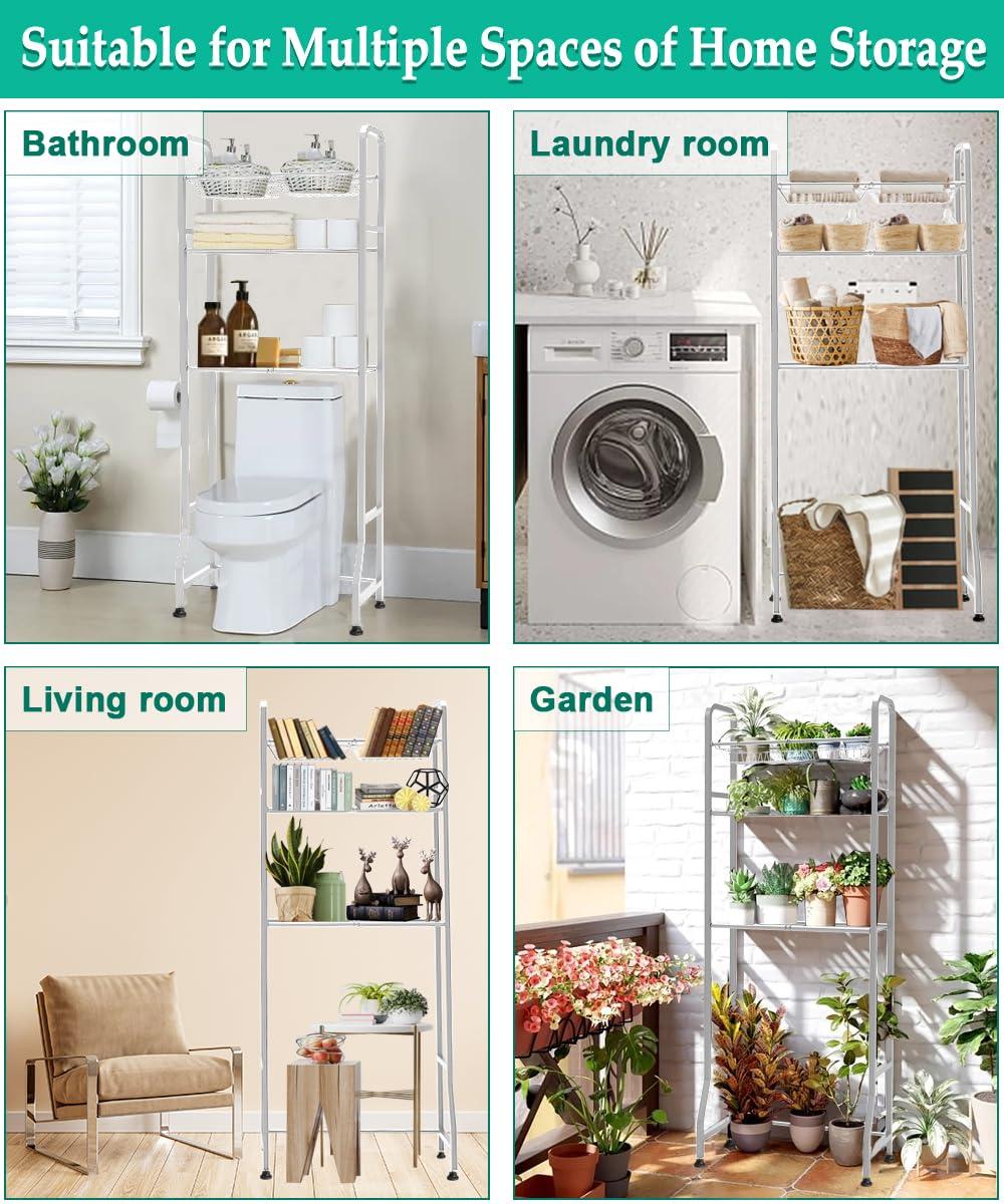 Over The Toilet Storage Shelf For Bathroom, 3-Tier Above Toilet Rack Bathroom Organizer With Adjustable Shelves And Hanging Hooks, Easy To Assemble & Space Saving, White
