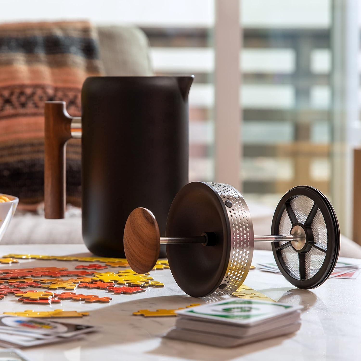 Matte Black and Walnut Insulated French Press Coffee Maker