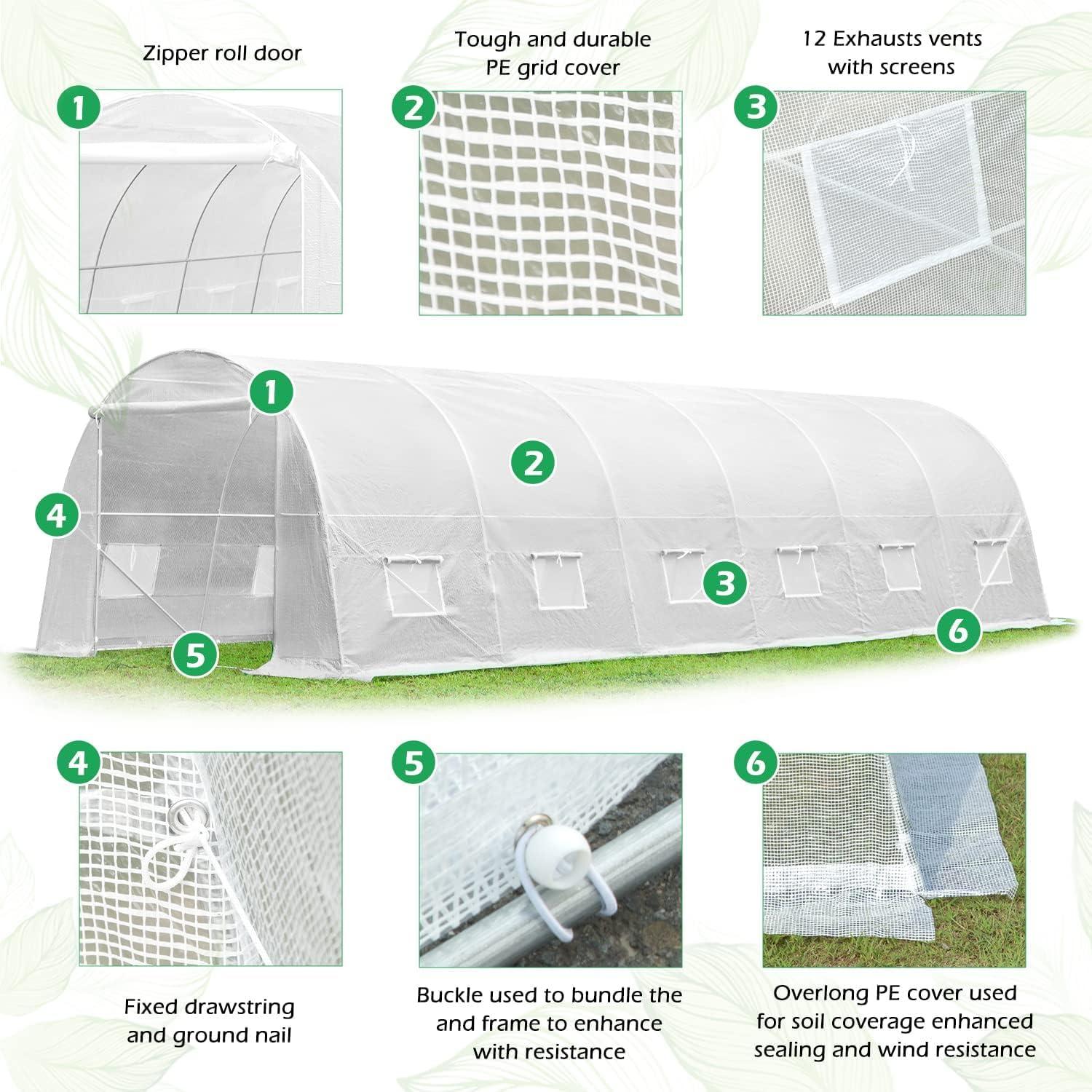 Erommy  26' x 10' x 7' Greenhouse Large Gardening Plant Hot House Portable Walking in Tunnel Tent, White - 10' x 26'