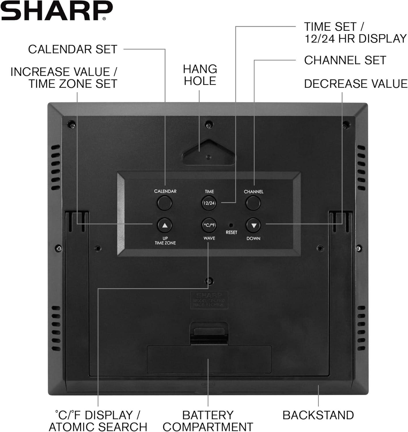 Sharp Atomic Clock - Jumbo 3" Easy to Read Numbers - Never Needs Setting!  - Indoor/ Outdoor Temperature Display with Wireless Outdoor Sensor - Silver