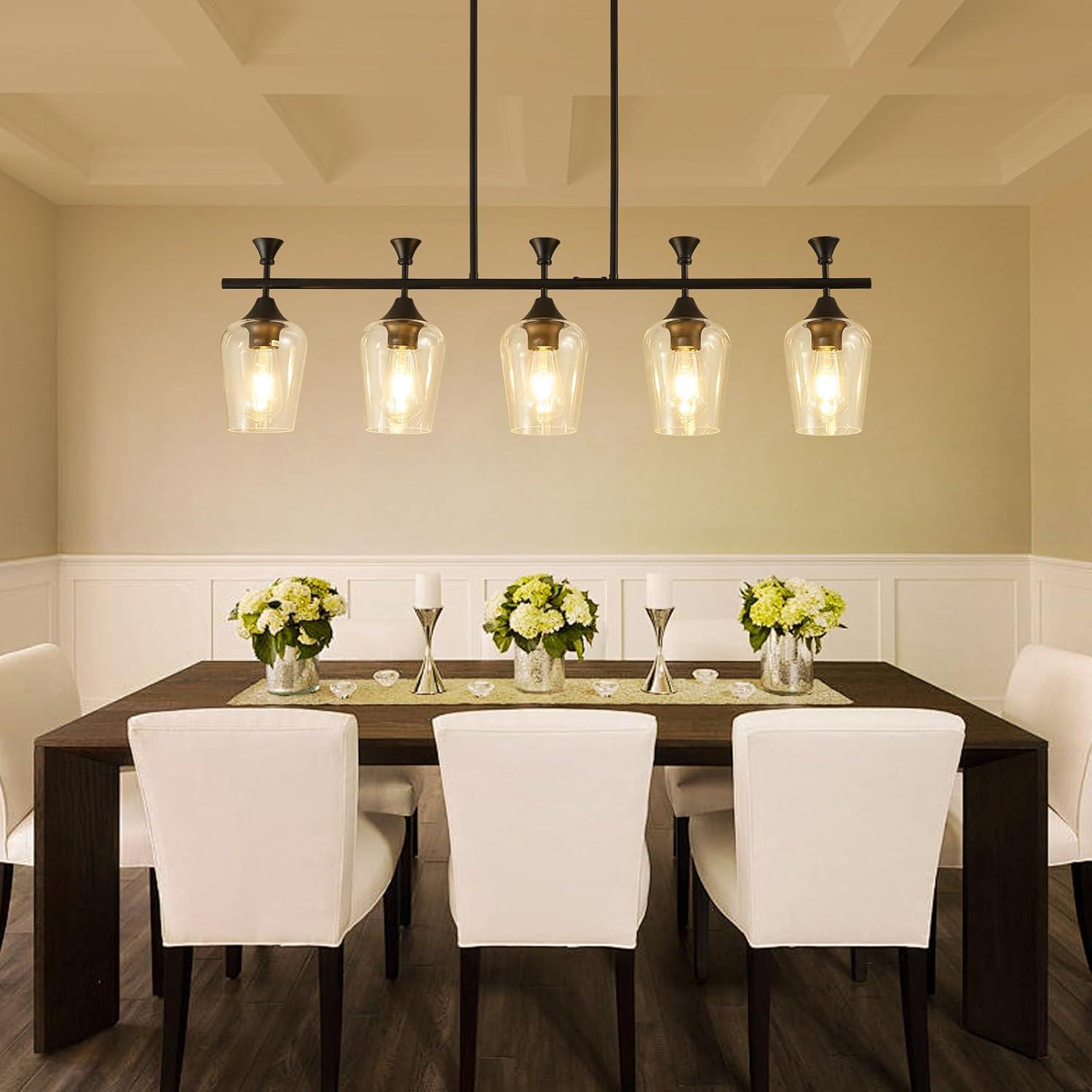 Black Farmhouse Chandelier, 5-Light Island Lights for Kitchen in Metal Finish with Clear Glass Shades, 37" Dining Room Chandelier, Linear Pendant Lighting for Foyer, Bar, Pool Table