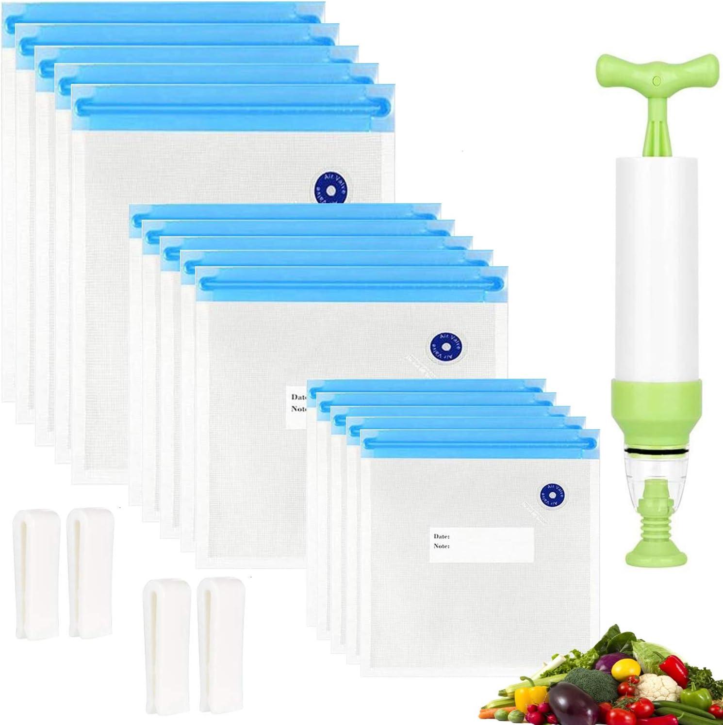 Reusable Blue Sous Vide Bags Kit with Hand Pump and Sealing Clips