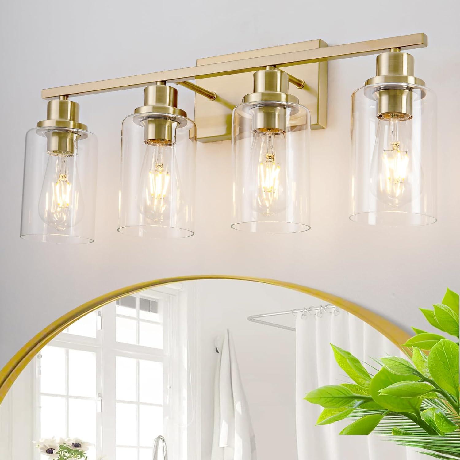 Gold 4-Light Modern Vanity Fixture with Clear Glass Shades