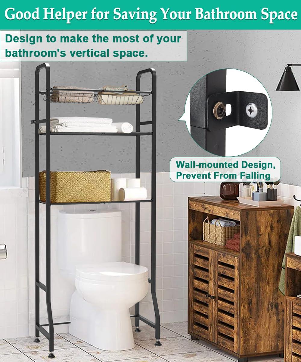 Over The Toilet Storage Shelf For Bathroom, 3-Tier Above Toilet Rack Bathroom Organizer With Adjustable Shelves And Hanging Hooks, Easy To Assemble & Space Saving, White