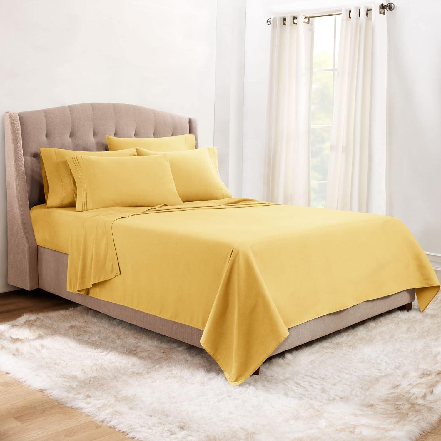 6 Piece 1800 Collection Bed Sheet Set with Extra Pillowcases, Deep Pockets Fitted Sheet, 100% Soft Microfiber, Hypoallergenic, Cool & Breathable, Queen, Mellow Yellow