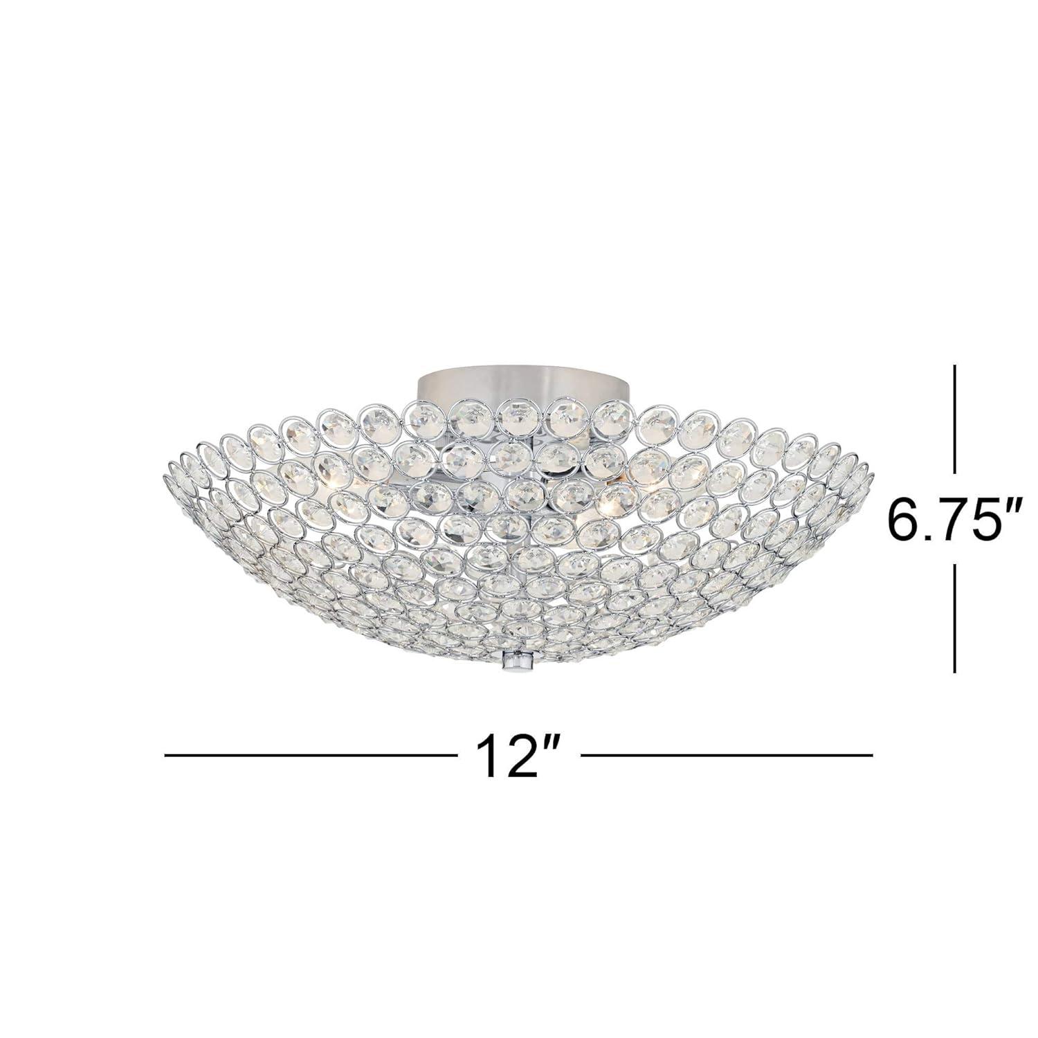 Possini Euro Design Geneva Luxury Close to Ceiling Light Semi Flush Mount Fixture 12" Wide Chrome Silver Crystal Glass Beads Bowl Shade for Bedroom Hallway Living Room Dining Room Bathroom Kitchen