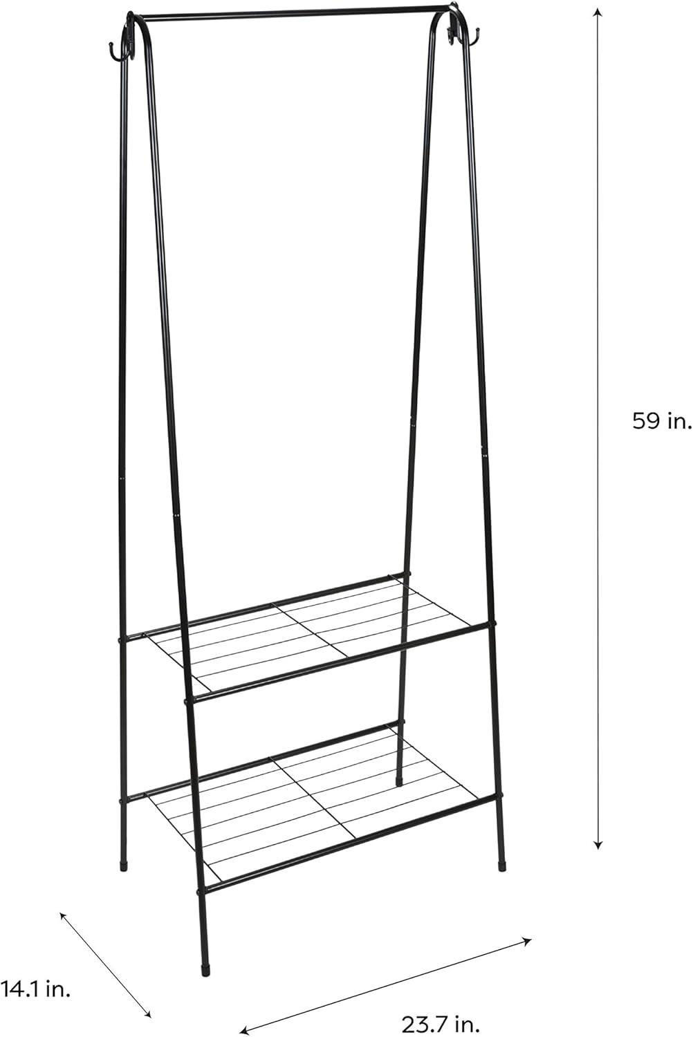 Black Metal Freestanding Clothing Rack with Shelves and Hooks