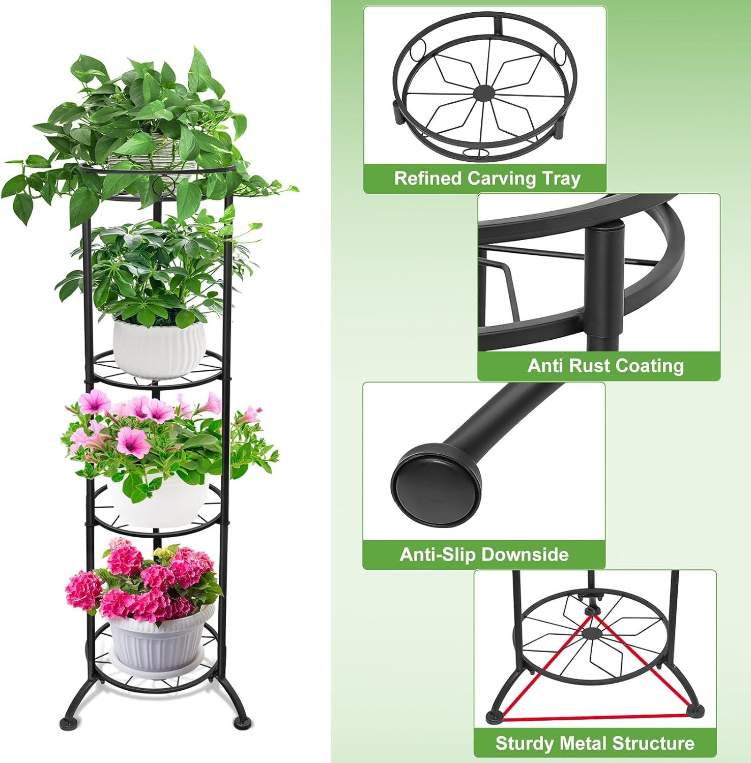 Black 4-Tier Tall Metal Plant Stand for Indoor and Outdoor