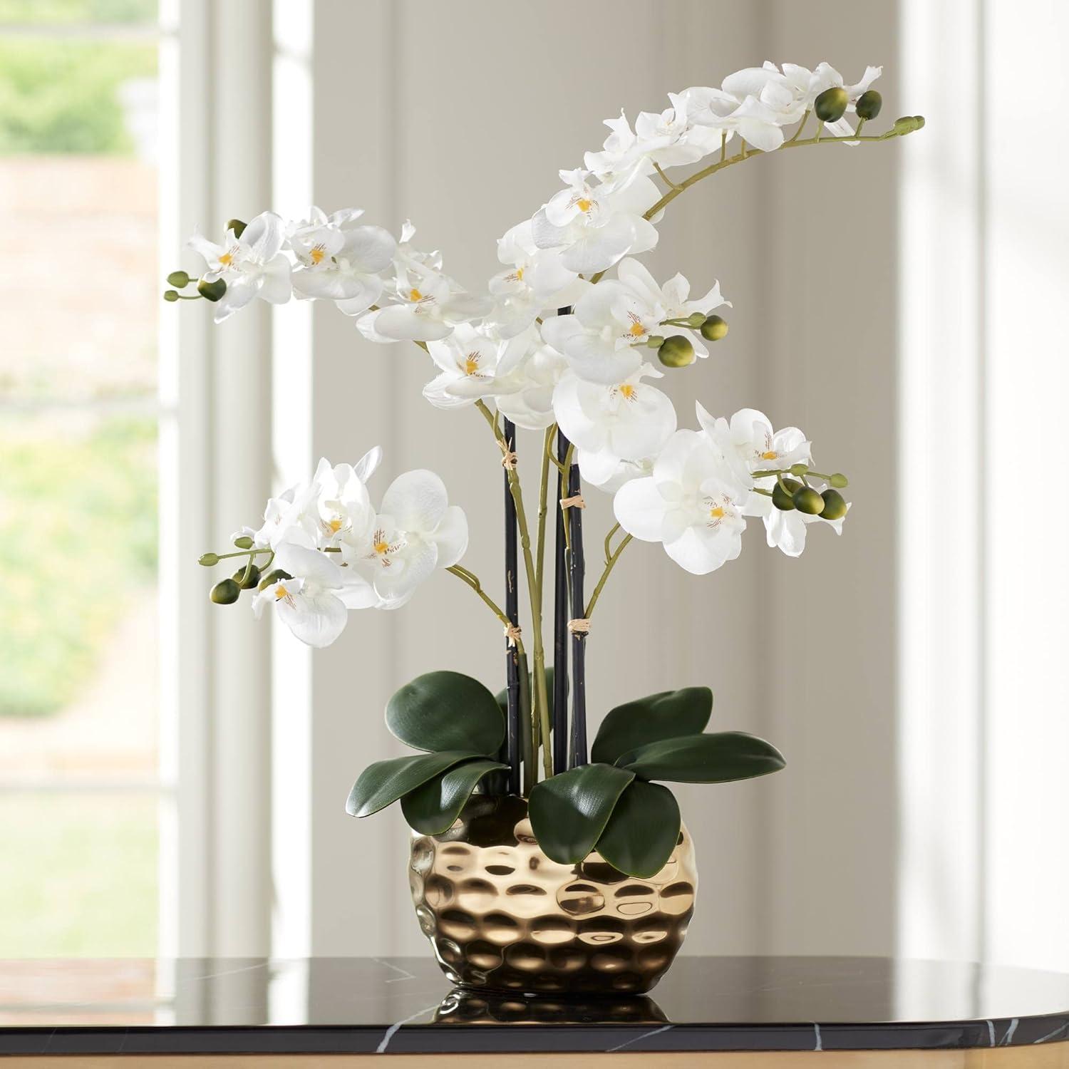 White Phalaenopsis Orchid in Textured Gold Ceramic Pot, 23" High