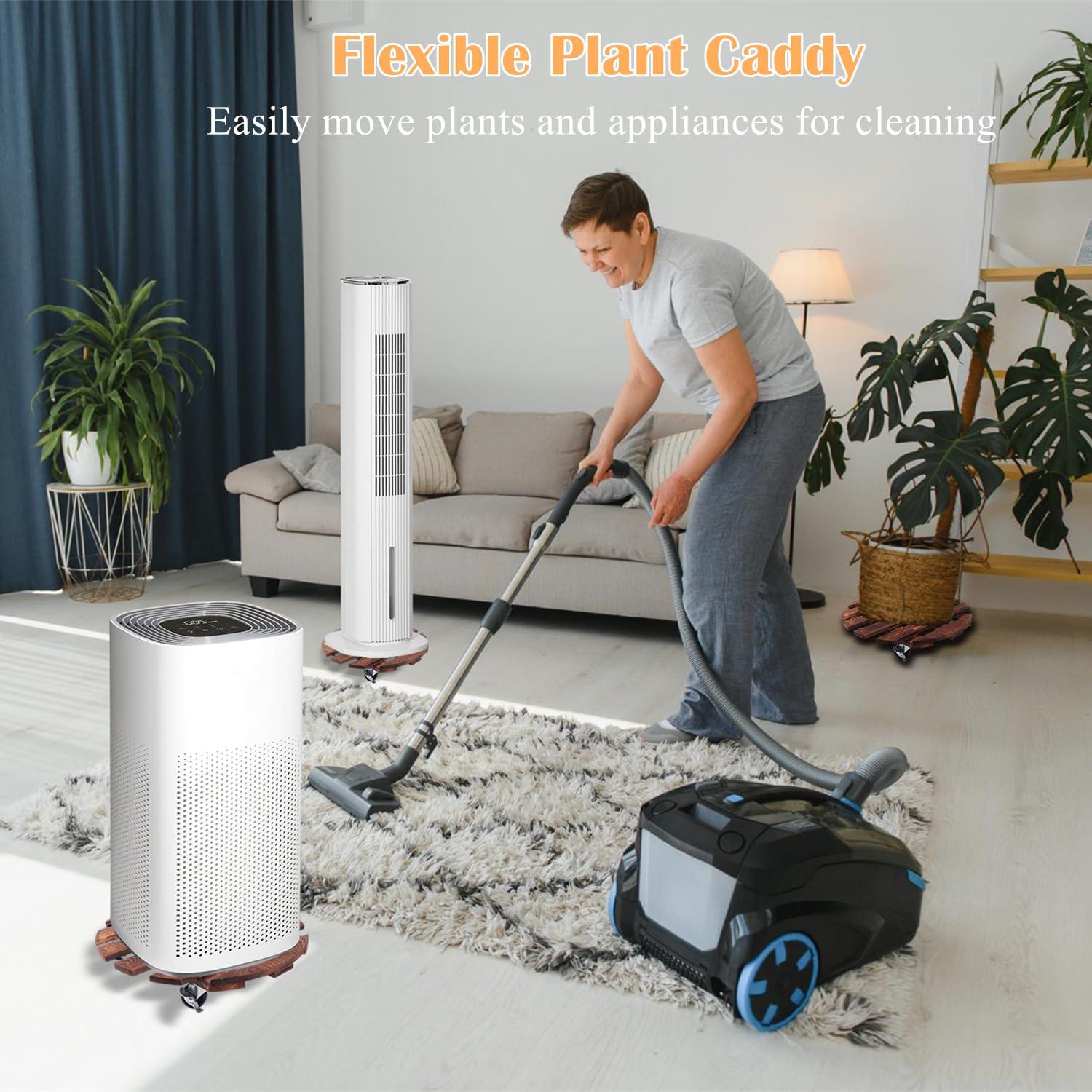 BUSATIA 2pack 12" Plant Caddy Plant Stand with Wheels,Rolling Plant Stand Heavy Duty Wooden Round Plant Dolly Rollers with 360°Metal Lockable Casters Indoor Outdoor Pot Plant Roller Base Caddies