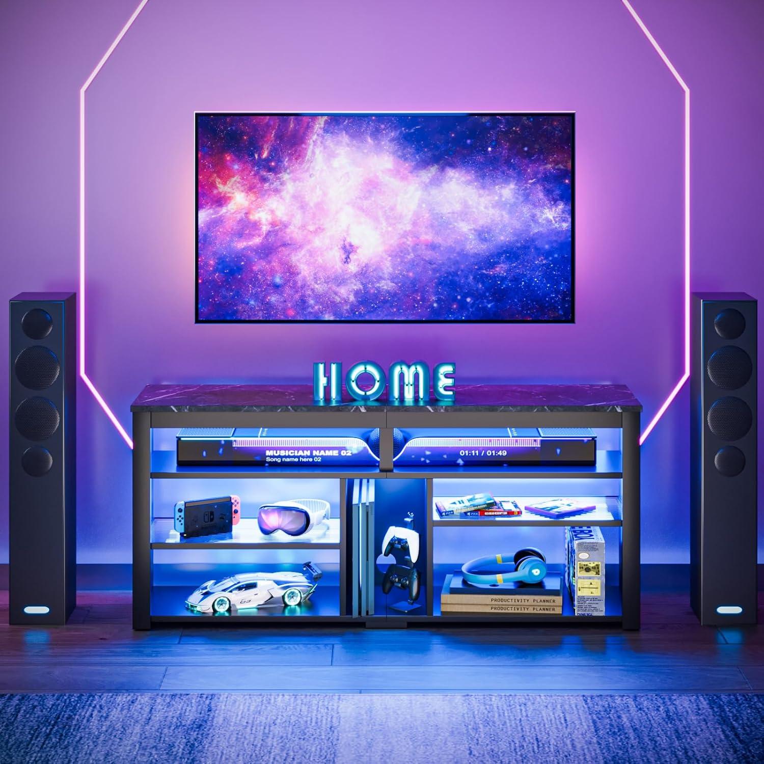 Bestier LED Tall Entertainment Center, 55/60/65 inch TV Stand with Storage for PS5 Xbox, Adjustable Shelf Media Console for Living Room, Black Marble