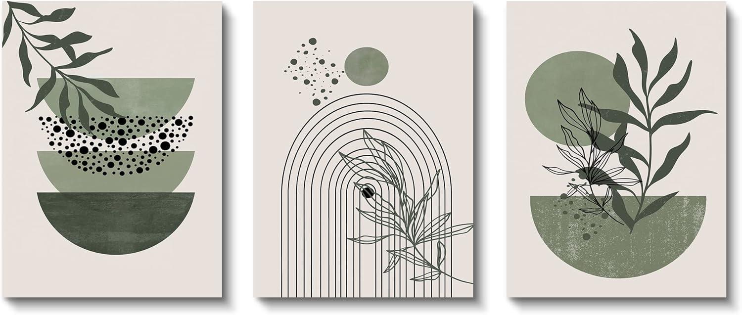 Sage Green Boho Wall Art Set of 3, Minimalist Framed Wall Art Geometric Line Leaf Sun Moon Beige Green Canvas Artwork Paintings, Abstract Botanical Boho Room Decor, Sage Green Wall Posters 12"x16"