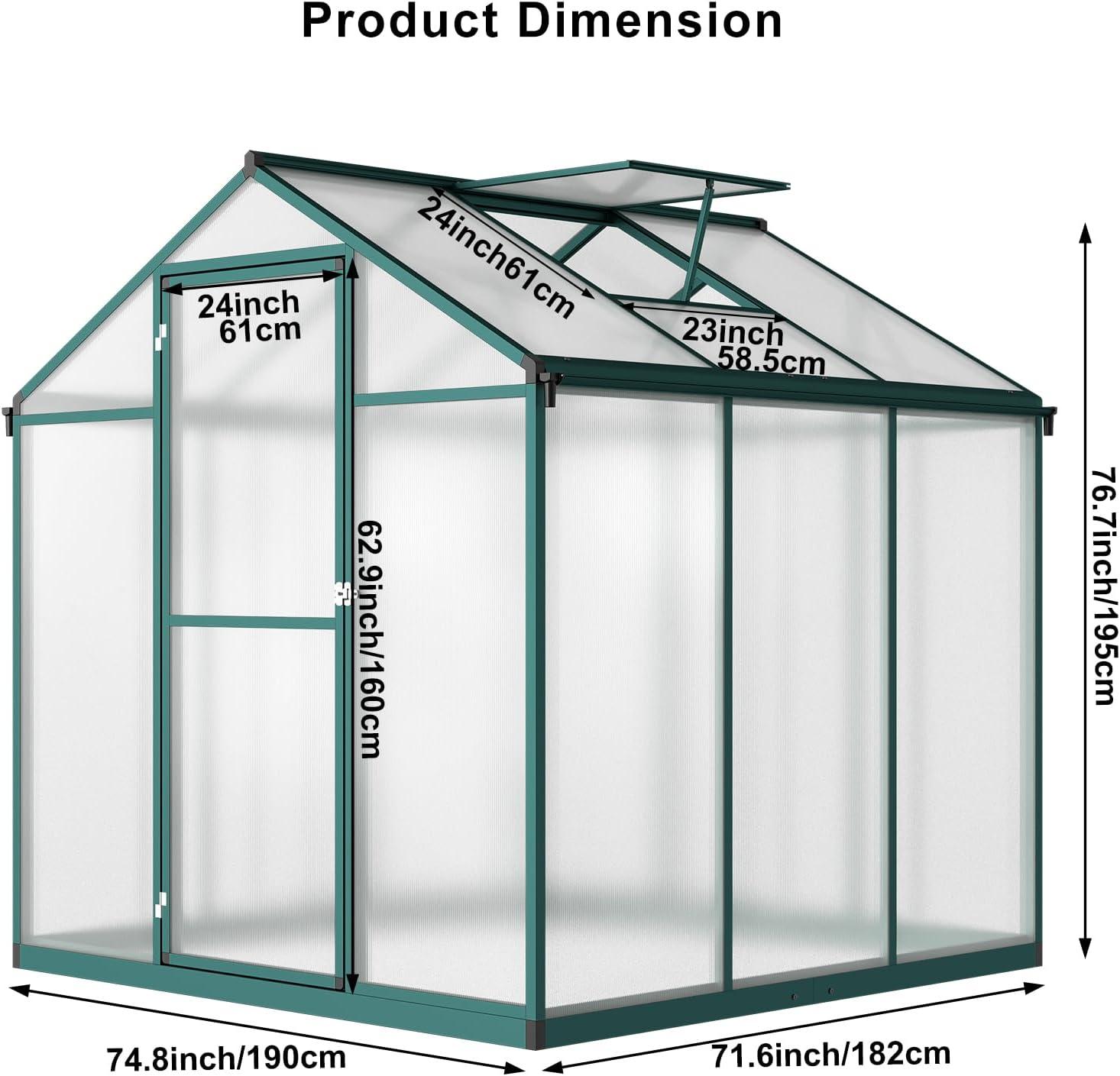 Yesfashion Yesfashion Greenhouse for Outdoors, 6x6FT Polycarbonate Greenhouse with Roof Vent, Large Walk-in Greenhouse for Outside Garden Backyard, Green