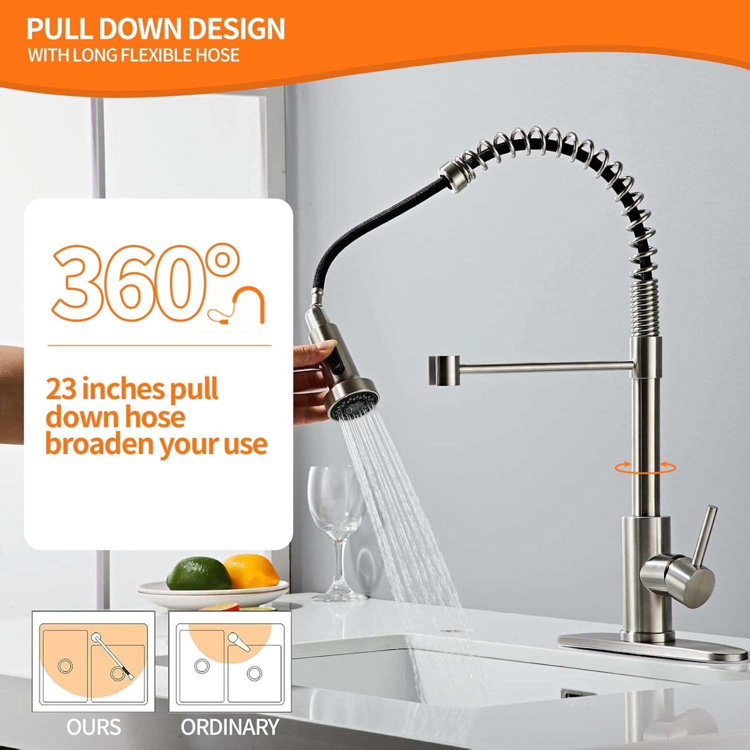 Brushed Nickel Stainless Steel Pull Down Kitchen Faucet with Deck Plate