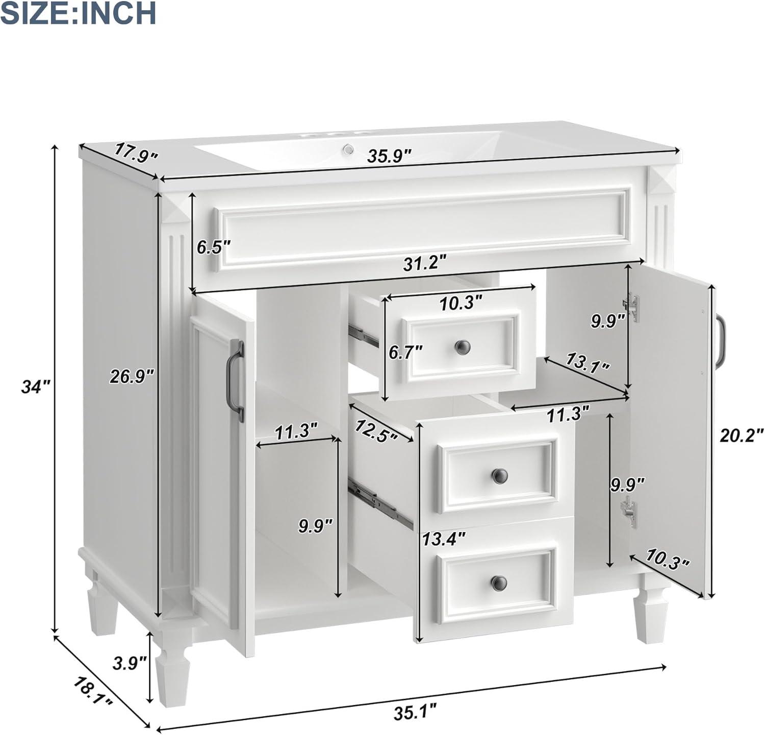 White Freestanding Bathroom Vanity with Ceramic Sink and Storage