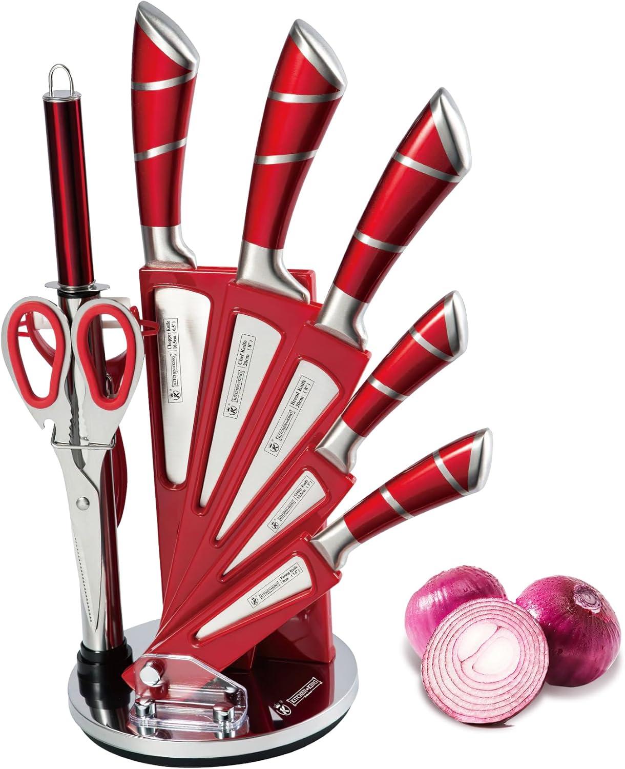 Kitchen Knife Set, 9-Pieces Red Coated Knife Block Set, Stainless Steel Chef knife Set with Sharpener Peeler Scissors, Sharp Non-Stick Knives Set with Rotatable Holder for Cutting Slicing Dicing