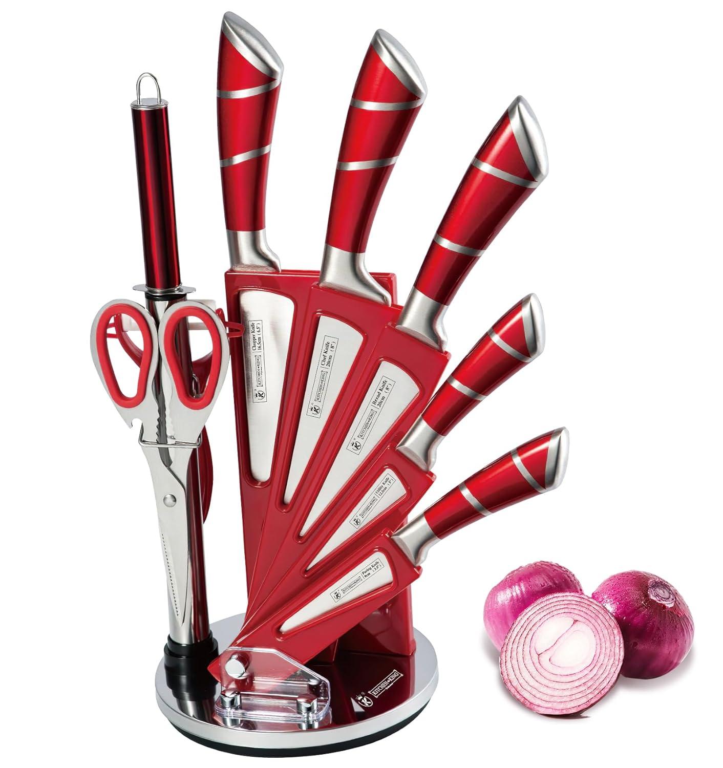 Red Stainless Steel 9-Piece Professional Kitchen Knife Set with Acrylic Holder