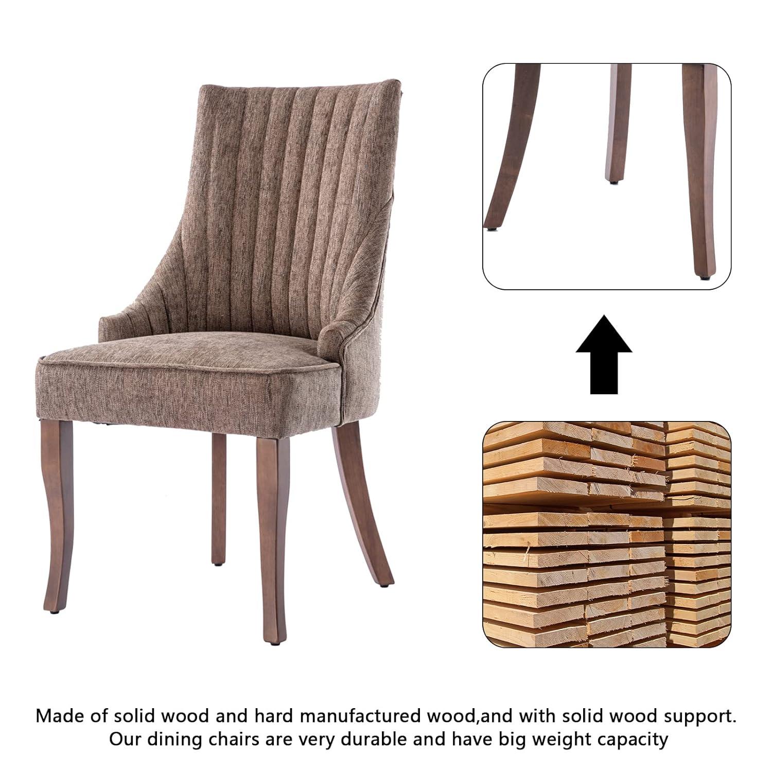 mikibama Linen Dining Chairs Set of 4 Channel Tufted Kitchen Dinner Chair Comfy Fabric Upholstered Accent Chair for Dining Room with Solid Wood Legs (Brown 4pc)