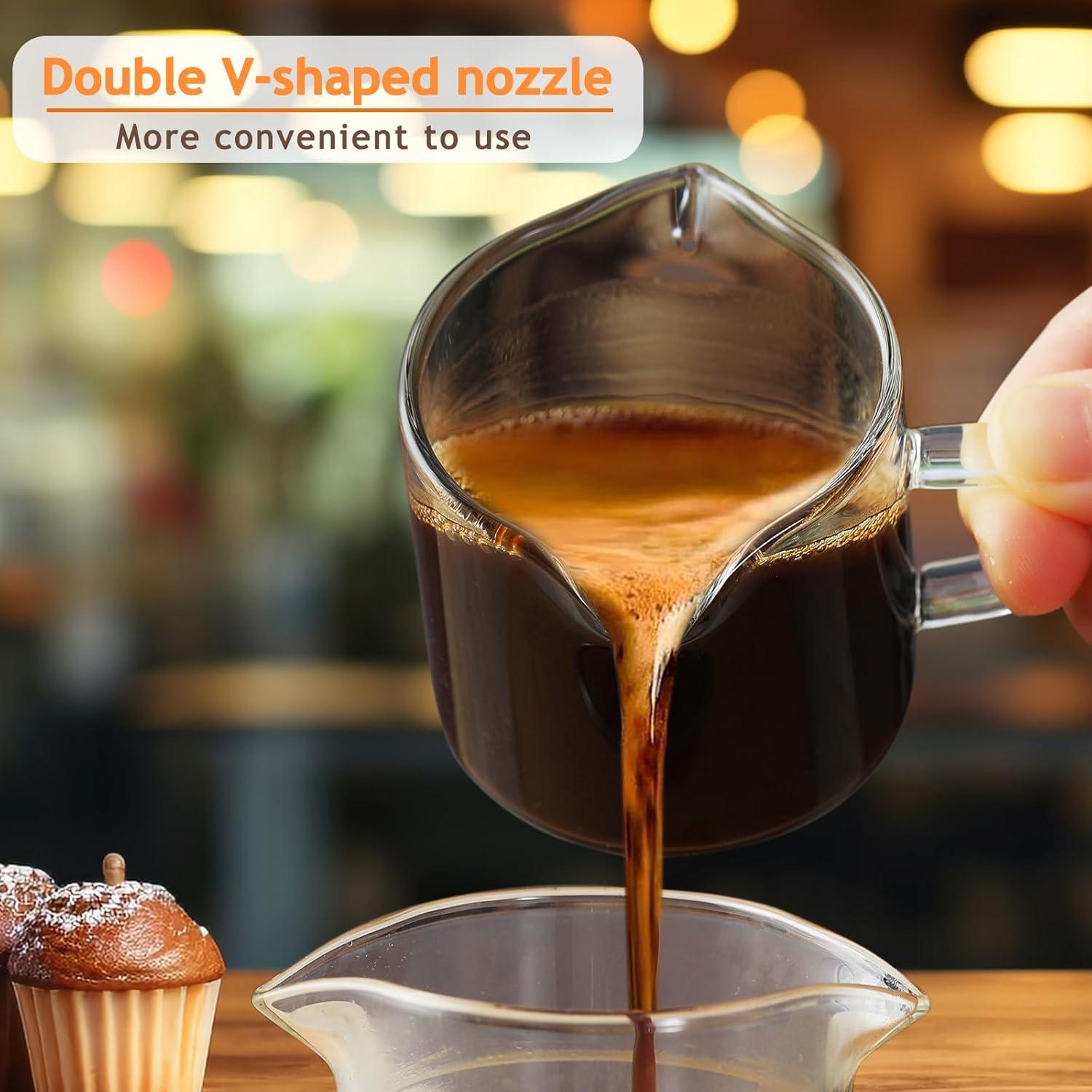 Espresso Cups Set of 2, 4 oz Double Spouts Cup, Espresso Shot Glasses with Handle, V-Shaped Spout Milk Cup, Borosilicate Glass, Mini Clear Glasses for Coffee Bar, Machine Accessories