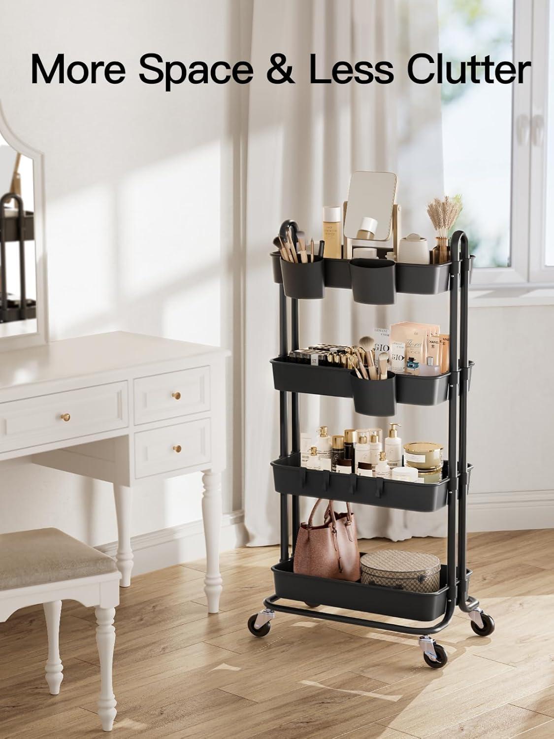 Black 4-Tier Rolling Utility Storage Cart with Lockable Casters