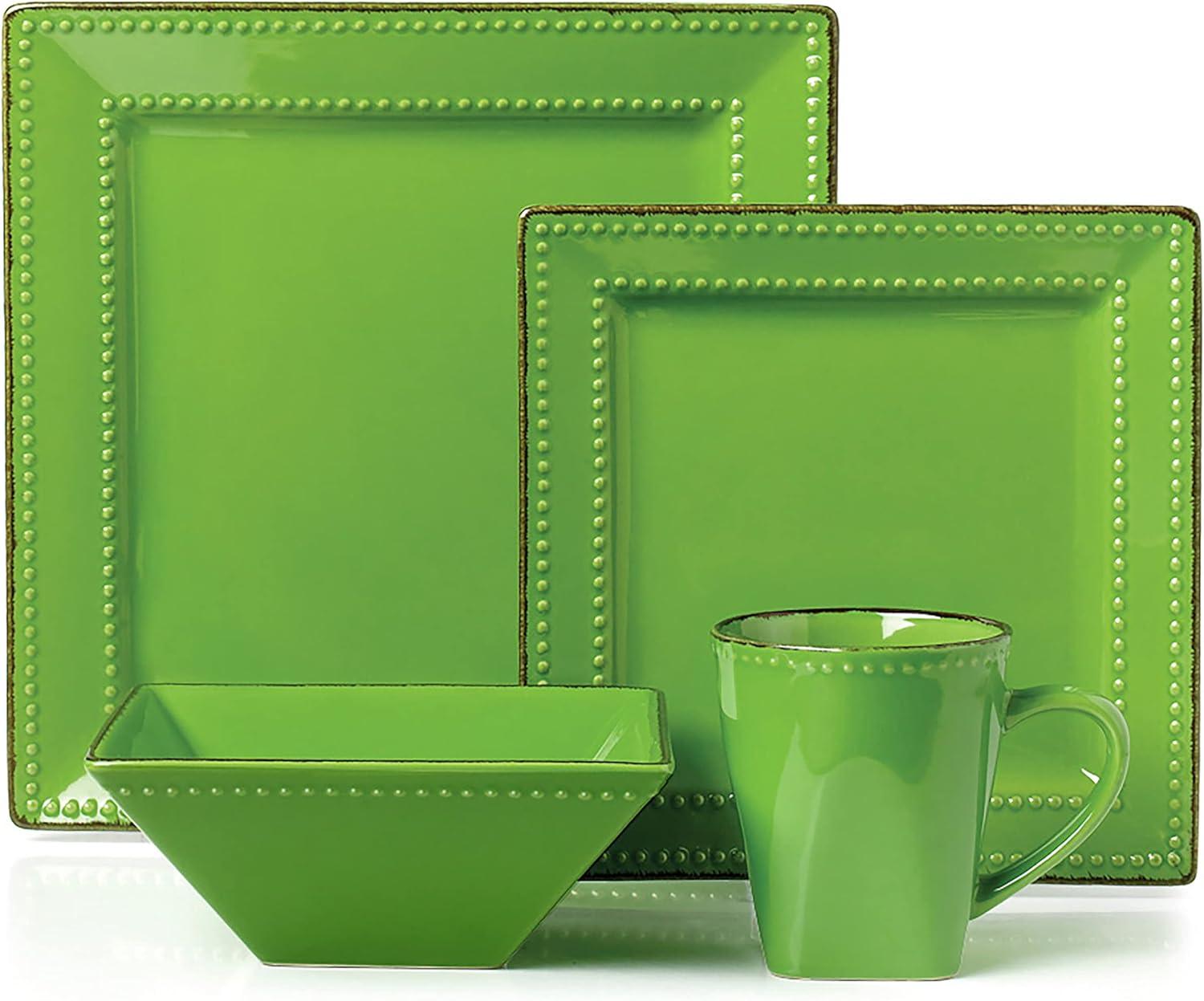 16 Piece Square Beaded Stoneware Set by Lorren Home Trends, Green