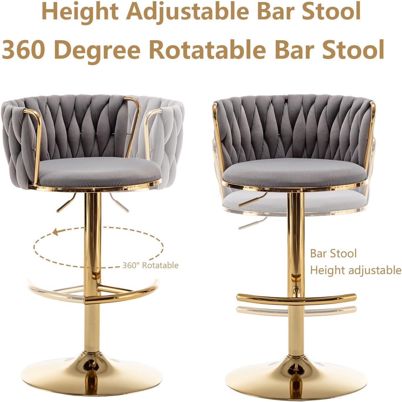 Velvet Bar Stools Set of 2, Counter Height Bar Stools with Low Back, Gold Swivel Barstools for Kitchen Island, Bar Pub (Grey)