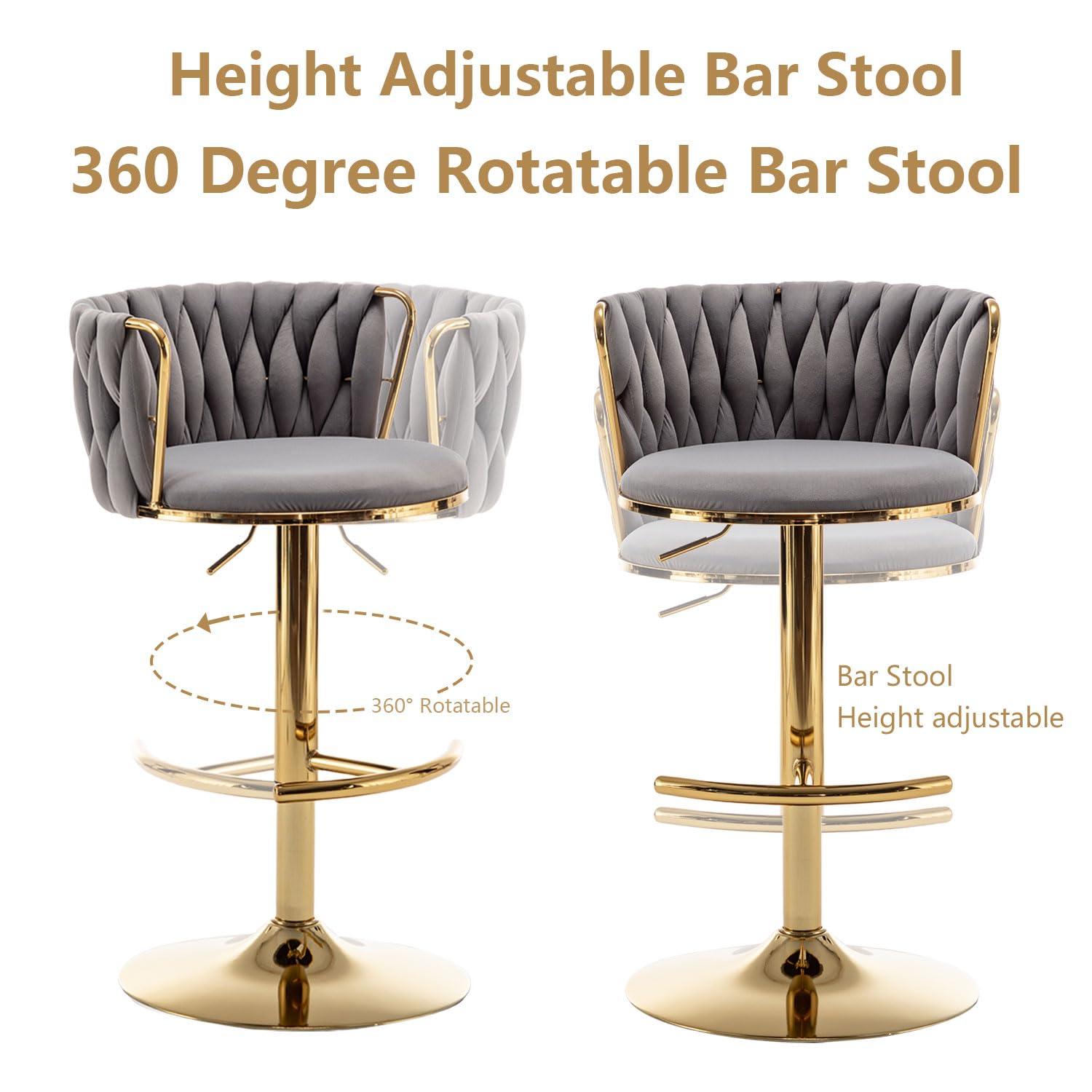 Velvet Bar Stools Set of 2, Counter Height Bar Stools with Low Back, Gold Swivel Barstools for Kitchen Island, Bar Pub (Grey)
