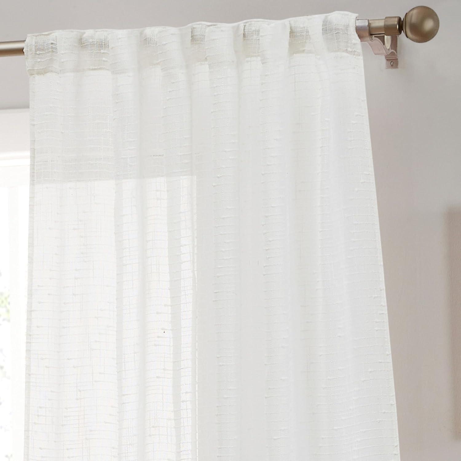 White Faux Linen Light-Filtering Back Tab Rod Pocket Curtains, 84"