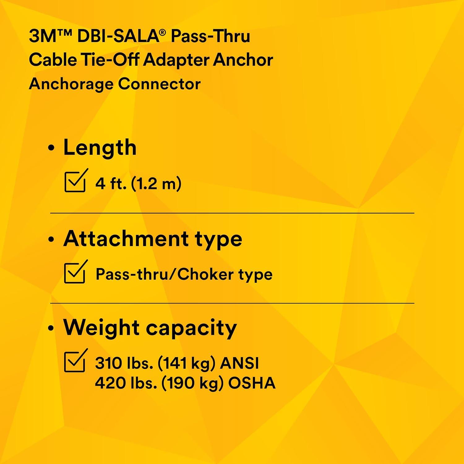 3M DBI-SALA 5900550 Anchorage Connector, 4' Cable Tie-Off Adaptor, Pass-Thru Type, Silver