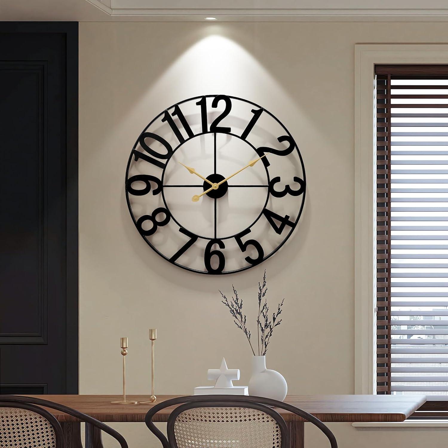 24" Large Metal Clock Cut-Out Farmhouse Decorative Wall Clock Battery LivingRoom 24" Bed Room Wall Clock Office Decors Large Hanging Watch Vintage Design Clocks