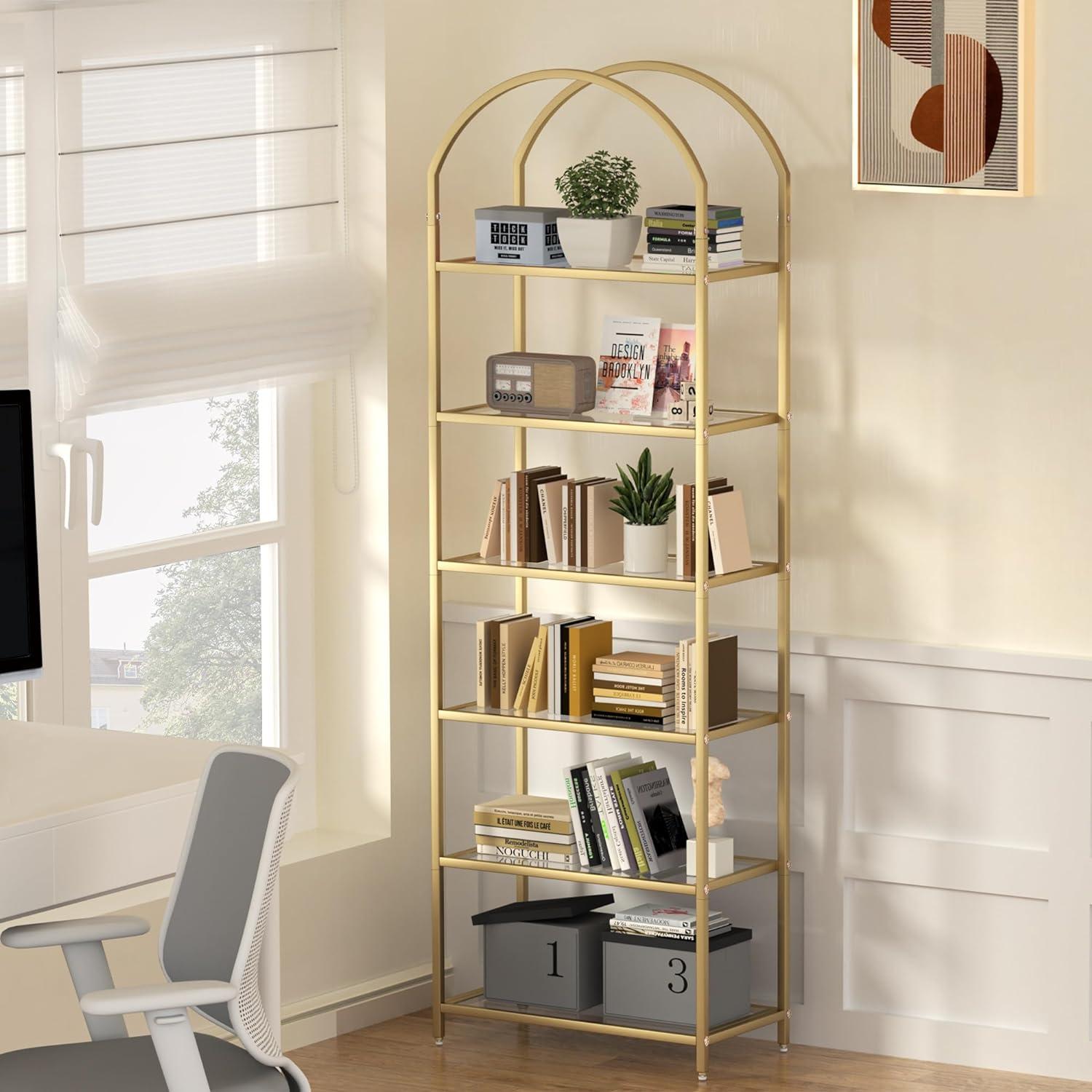 Mercer41 Bookcase Bookshelf, Tempered Glass Arched Bookshelf For More Storage, Slim Shelving Unit For Bedroom, Bathroom, Home Office, Steel Frame, 6 Tier Gold