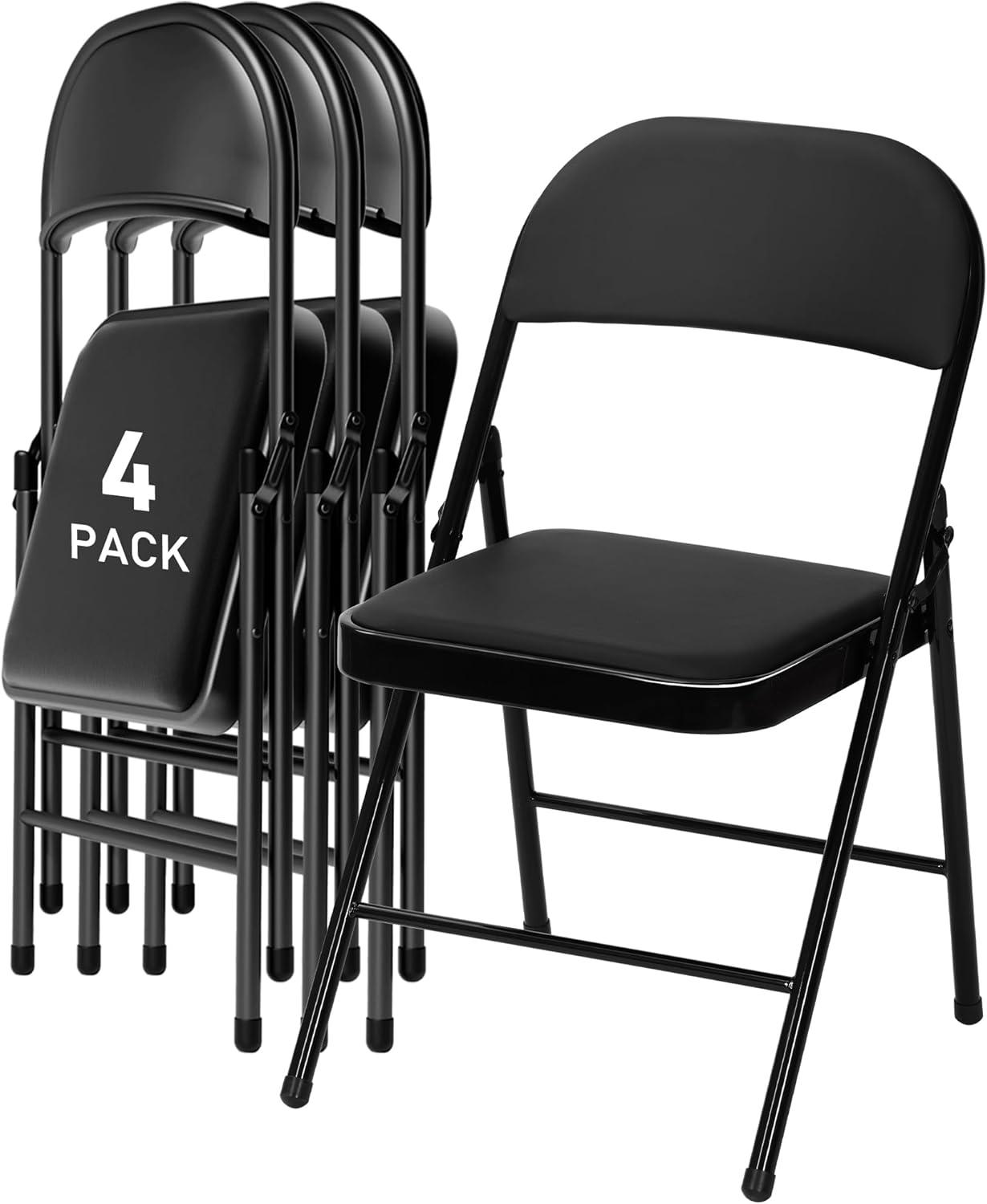 VENI 4-Pack Vinyl-Padded 30" Metal Folding Steel Chairs  Adult Foldable Chair 4 Pack, Black