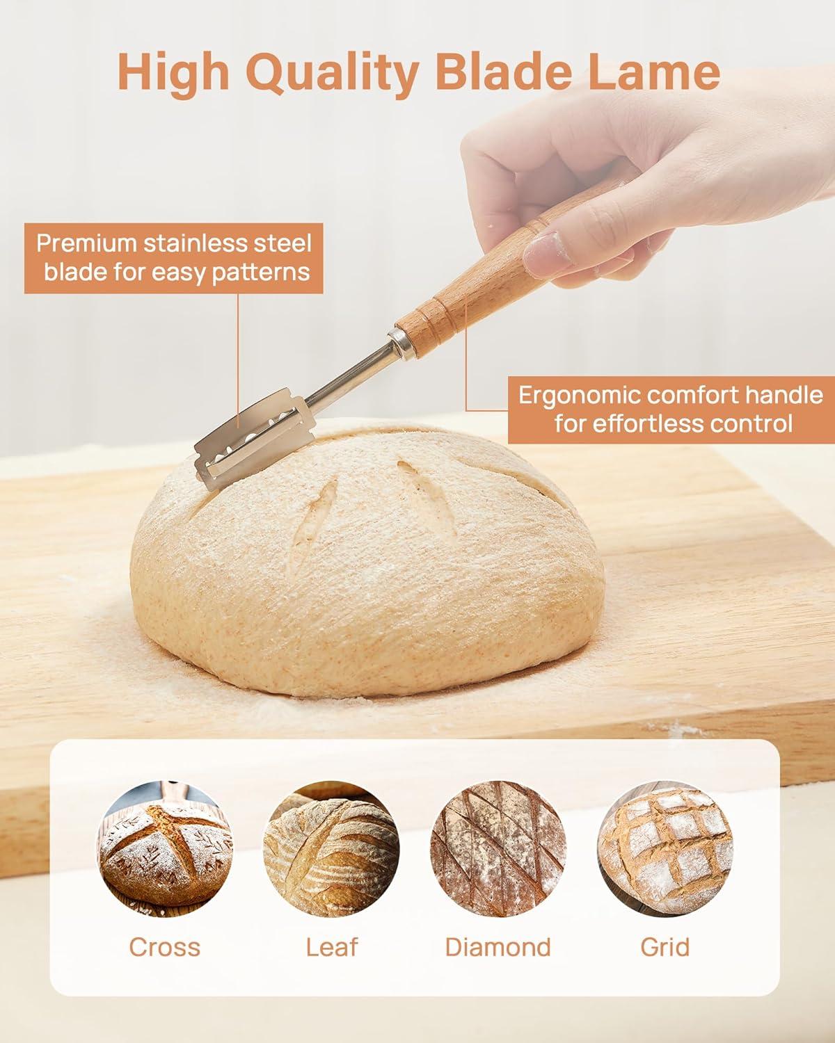 Plastic Sourdough Bread Baking Supplies, 9 Inch Round Sourdough Starter Kit Banneton Bread Proofing Basket with Bread Lame Dough Scraper Sourdough Tools Kit Baking Gifts