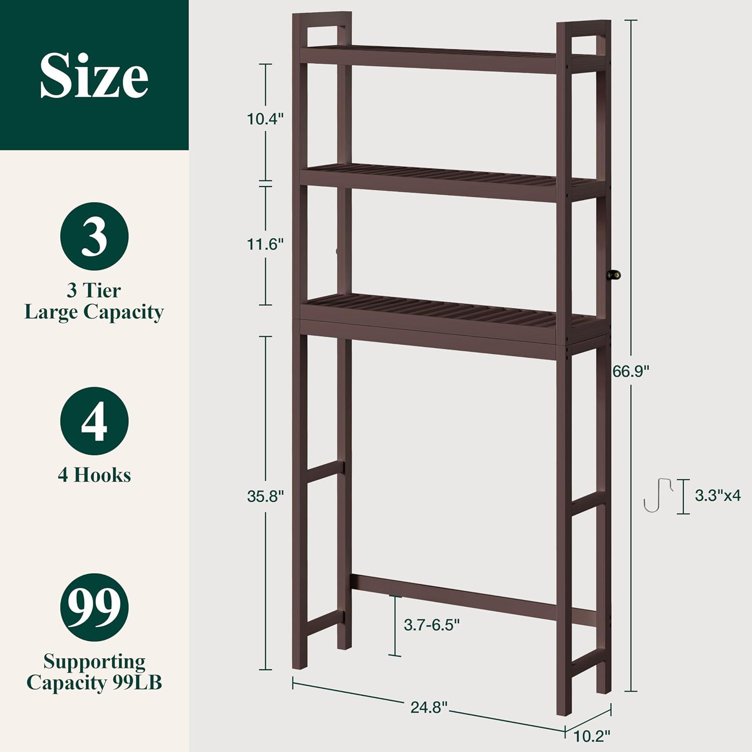 Over The Toilet Storage, Bamboo 3-Tier Over Toilet Bathroom Organizer with Adjustable Shelf, Fit Most Toilets, Space Saving, Stable Freestanding Storage Cabinet with 4 Hooks, Brown