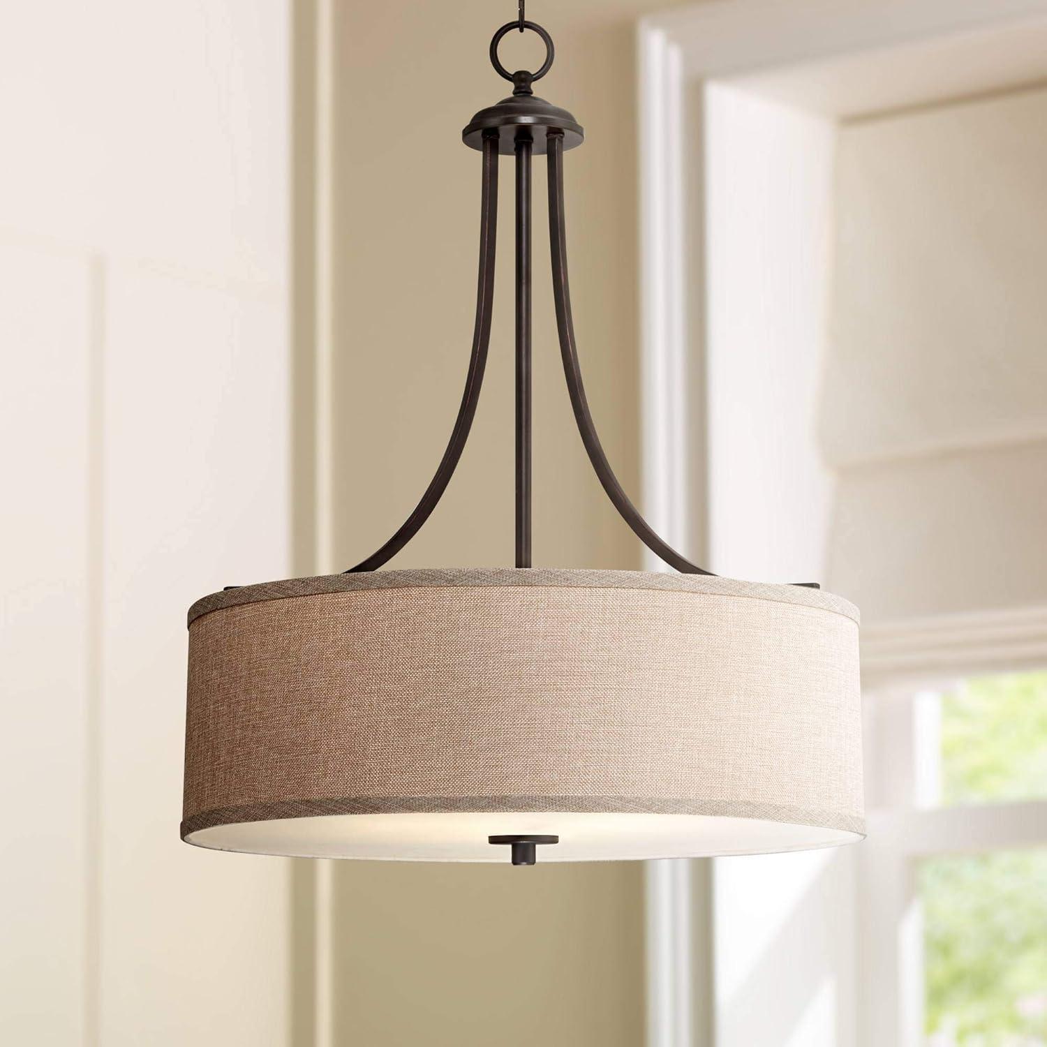 Oil Rubbed Bronze Drum Pendant Chandelier with Oatmeal Linen Shade