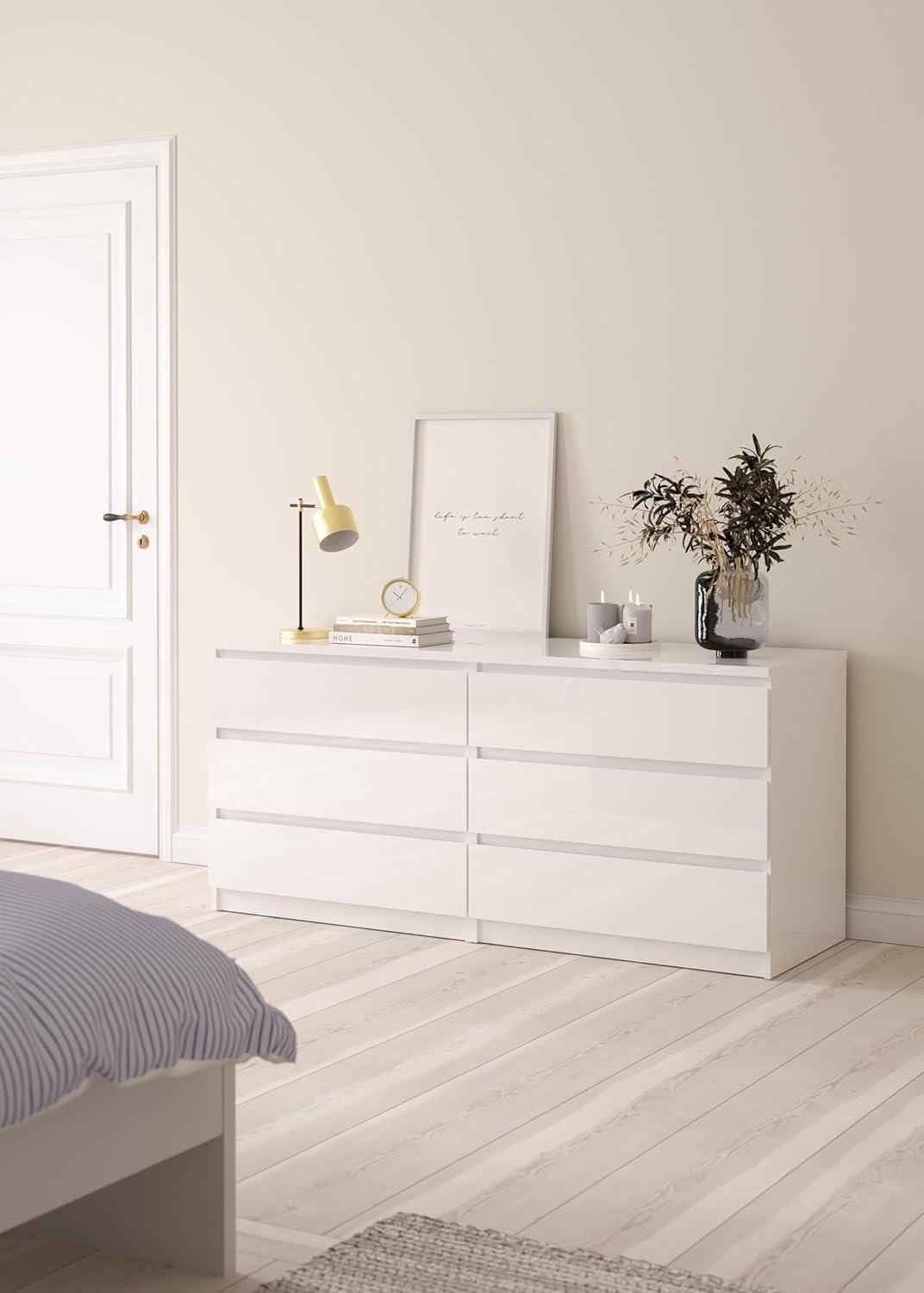 Sleek White High Gloss 6-Drawer Modern Double Dresser