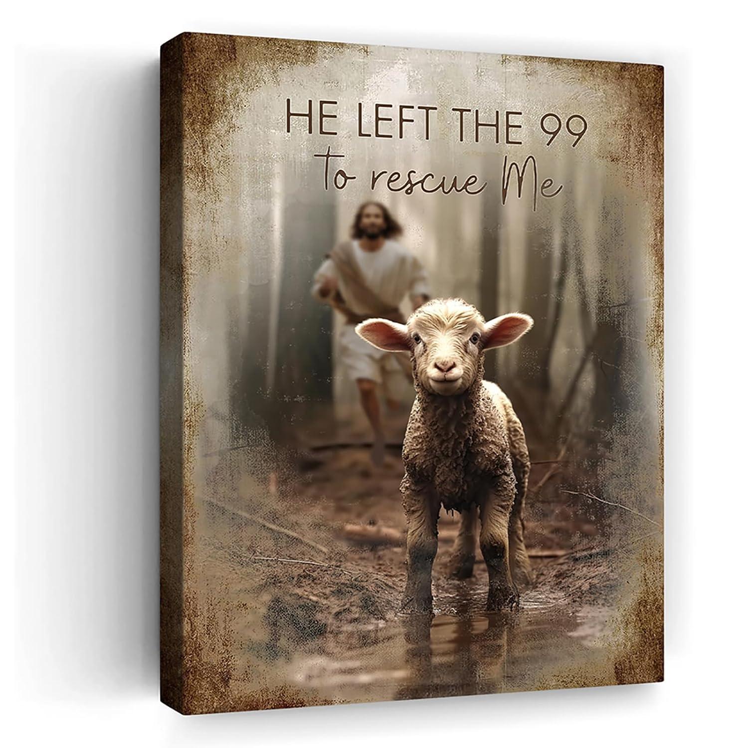 Asdg12s-Jesus and Lamb Canvas Wall Art, Jesus with the Sheep Wall Art, Jesus Running After Lamb Canvas Print, He Left the 99 to Rescue Me, Jesus Shepherd and Lost Sheep Christian Wall Art