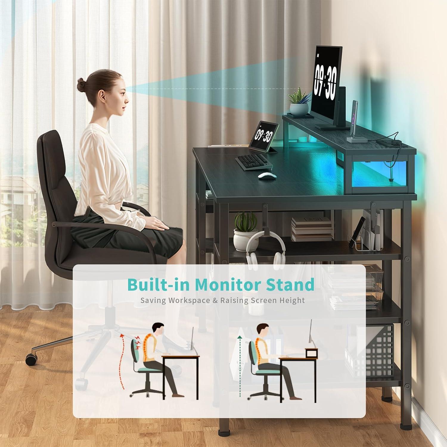 Lufeiya Gaming Desk with LED Lights and Storage Shelves, 47 inch Computer Desk with Power Outlets, Home Office Desk with Monitor Stand, Writing Table PC Desks, Black