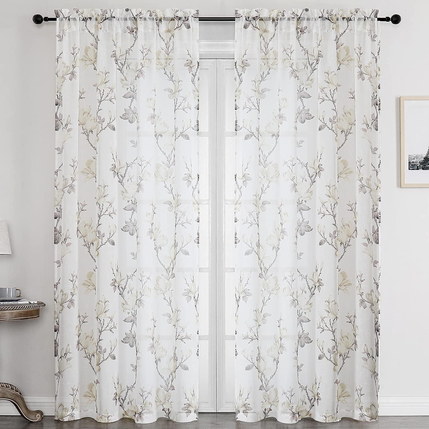 White Floral Polyester Semi-Sheer Curtain Panels, 52" x 63"