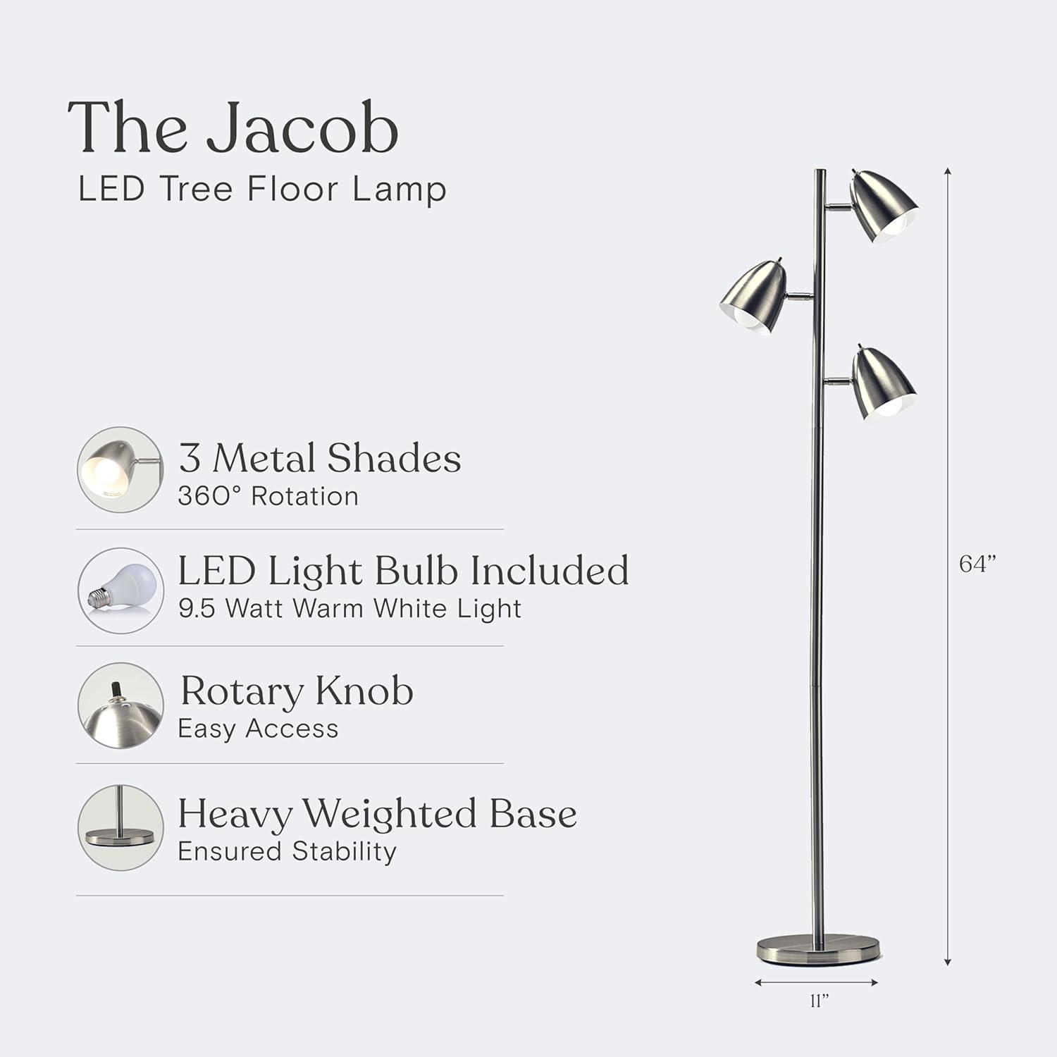 Brightech Jacob 64" Modern 3-Light Adjustable LED Floor Lamp with Silver Finish and Metal Cone Shades, Bulbs Included
