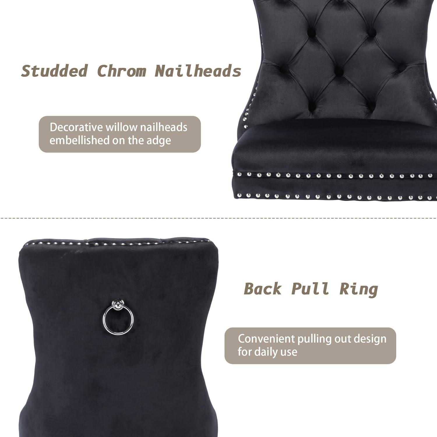 KCC Velvet Dining Chairs Set of 2, Upholstered High-end Tufted Dining Room Chair with Nailhead Back Ring Pull Trim Solid Wood Legs, Nikki Collection Modern Style for Kitchen, Black