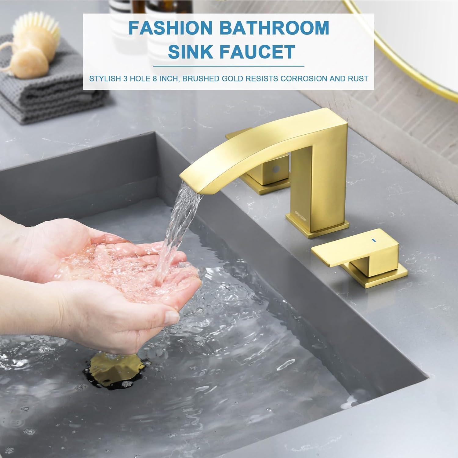 Brushed Gold 8-Inch Widespread Double Handle Waterfall Faucet