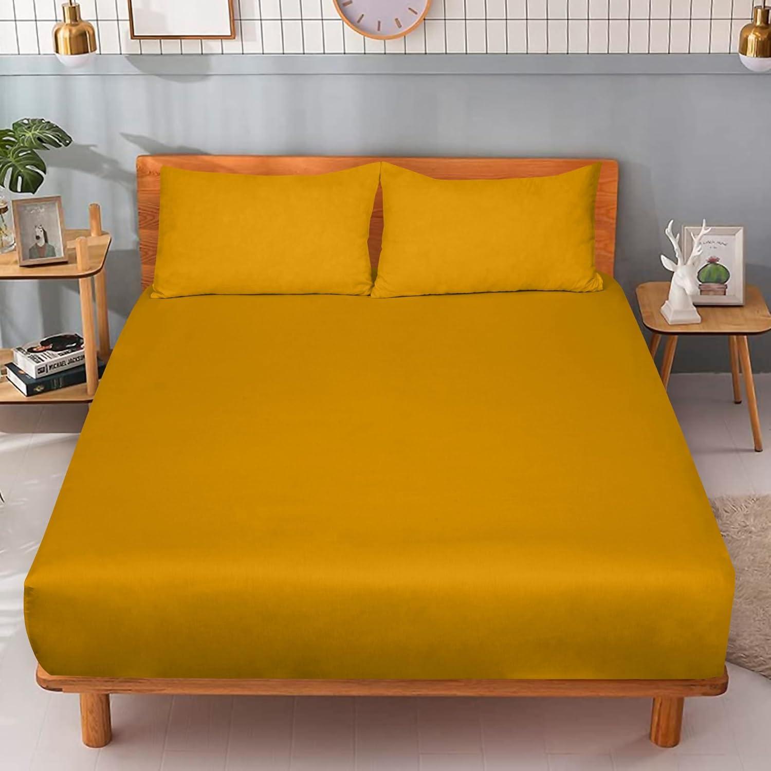 Royale Linen 300 Thread Count 100% Long Staple Combed Cotton Fitted Sheet - Super Soft Deep Pocket Bottom Sheet - Yellow Fitted Sheet Twin Size - Twin Fitted Sheet Only - Elastic Sheet (Twin, Yellow)