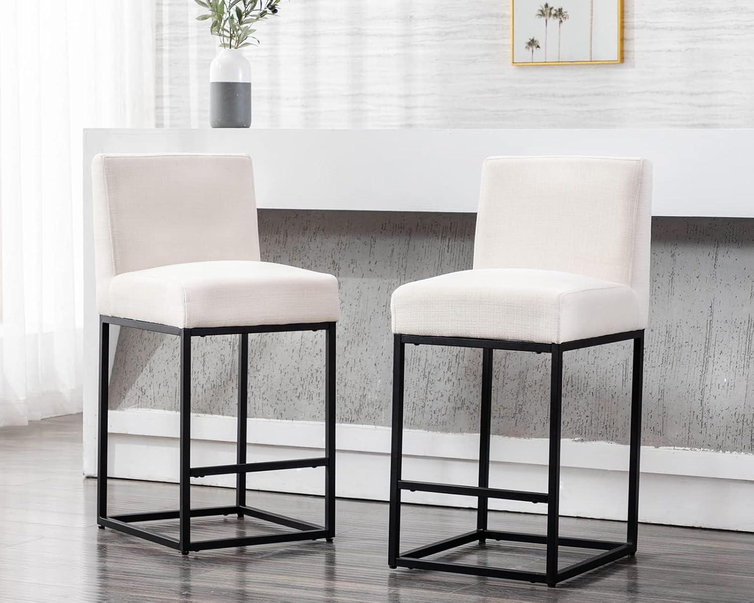 Cream Linen Upholstered Counter Stools with Black Iron Frame, Set of 2